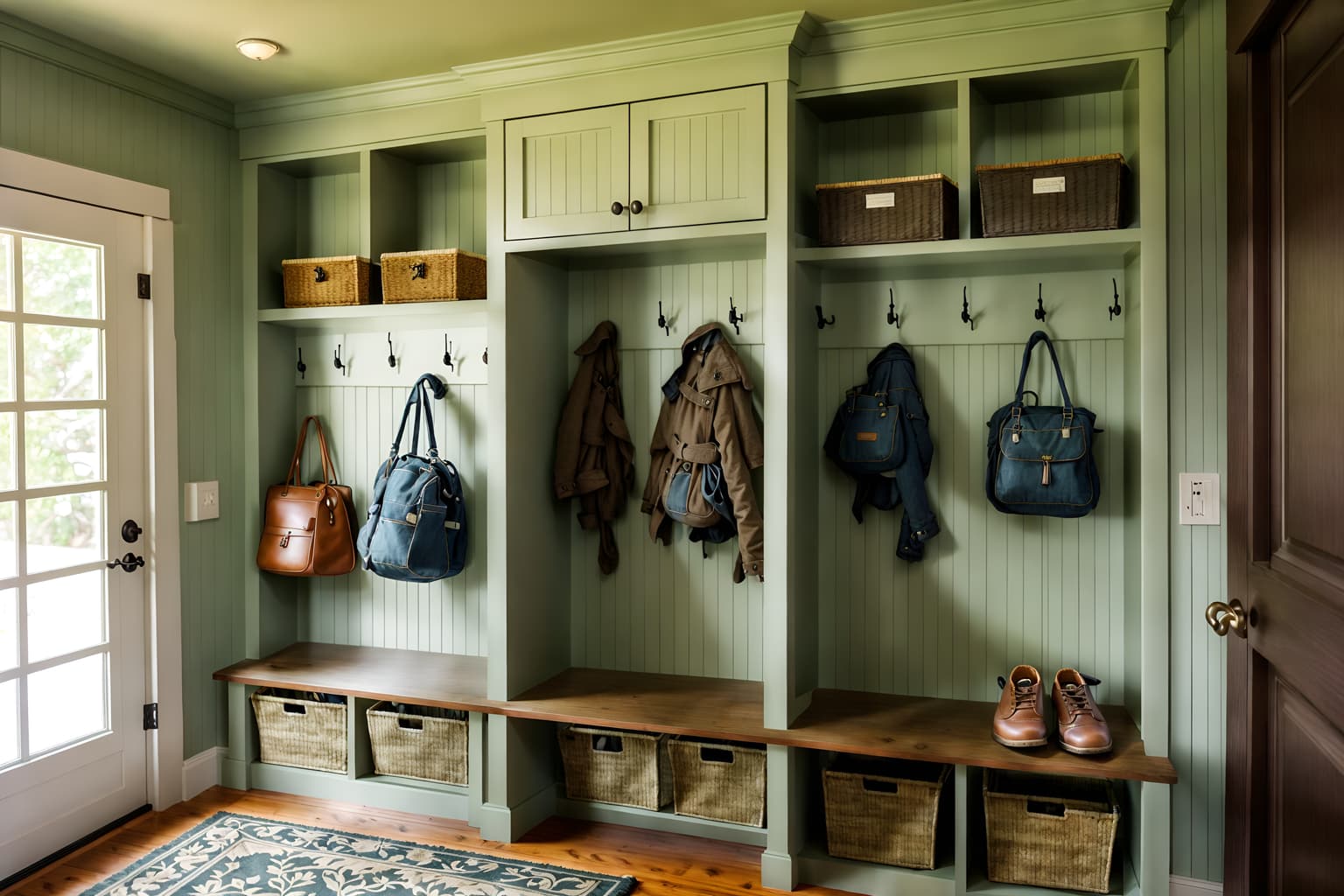 traditional-style (mudroom interior) with wall hooks for coats and shelves for shoes and storage drawers and storage baskets and high up storage and cabinets and cubbies and a bench. . . cinematic photo, highly detailed, cinematic lighting, ultra-detailed, ultrarealistic, photorealism, 8k. traditional interior design style. masterpiece, cinematic light, ultrarealistic+, photorealistic+, 8k, raw photo, realistic, sharp focus on eyes, (symmetrical eyes), (intact eyes), hyperrealistic, highest quality, best quality, , highly detailed, masterpiece, best quality, extremely detailed 8k wallpaper, masterpiece, best quality, ultra-detailed, best shadow, detailed background, detailed face, detailed eyes, high contrast, best illumination, detailed face, dulux, caustic, dynamic angle, detailed glow. dramatic lighting. highly detailed, insanely detailed hair, symmetrical, intricate details, professionally retouched, 8k high definition. strong bokeh. award winning photo.