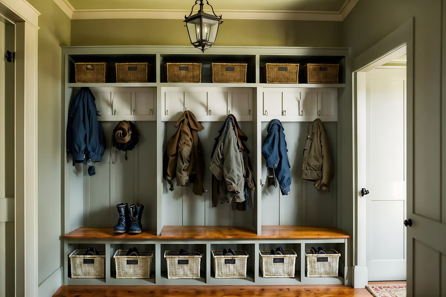 traditional-style (mudroom interior) with wall hooks for coats and shelves for shoes and storage drawers and storage baskets and high up storage and cabinets and cubbies and a bench. . . cinematic photo, highly detailed, cinematic lighting, ultra-detailed, ultrarealistic, photorealism, 8k. traditional interior design style. masterpiece, cinematic light, ultrarealistic+, photorealistic+, 8k, raw photo, realistic, sharp focus on eyes, (symmetrical eyes), (intact eyes), hyperrealistic, highest quality, best quality, , highly detailed, masterpiece, best quality, extremely detailed 8k wallpaper, masterpiece, best quality, ultra-detailed, best shadow, detailed background, detailed face, detailed eyes, high contrast, best illumination, detailed face, dulux, caustic, dynamic angle, detailed glow. dramatic lighting. highly detailed, insanely detailed hair, symmetrical, intricate details, professionally retouched, 8k high definition. strong bokeh. award winning photo.