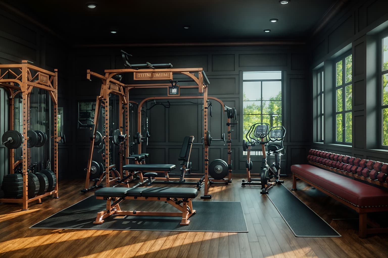 traditional-style (fitness gym interior) with exercise bicycle and dumbbell stand and bench press and squat rack and crosstrainer and exercise bicycle. . . cinematic photo, highly detailed, cinematic lighting, ultra-detailed, ultrarealistic, photorealism, 8k. traditional interior design style. masterpiece, cinematic light, ultrarealistic+, photorealistic+, 8k, raw photo, realistic, sharp focus on eyes, (symmetrical eyes), (intact eyes), hyperrealistic, highest quality, best quality, , highly detailed, masterpiece, best quality, extremely detailed 8k wallpaper, masterpiece, best quality, ultra-detailed, best shadow, detailed background, detailed face, detailed eyes, high contrast, best illumination, detailed face, dulux, caustic, dynamic angle, detailed glow. dramatic lighting. highly detailed, insanely detailed hair, symmetrical, intricate details, professionally retouched, 8k high definition. strong bokeh. award winning photo.