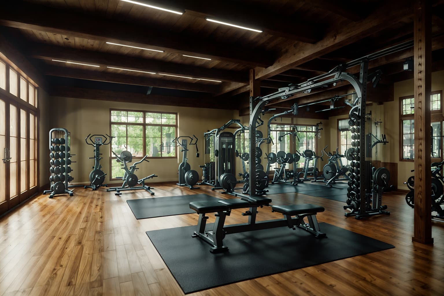traditional-style (fitness gym interior) with exercise bicycle and dumbbell stand and bench press and squat rack and crosstrainer and exercise bicycle. . . cinematic photo, highly detailed, cinematic lighting, ultra-detailed, ultrarealistic, photorealism, 8k. traditional interior design style. masterpiece, cinematic light, ultrarealistic+, photorealistic+, 8k, raw photo, realistic, sharp focus on eyes, (symmetrical eyes), (intact eyes), hyperrealistic, highest quality, best quality, , highly detailed, masterpiece, best quality, extremely detailed 8k wallpaper, masterpiece, best quality, ultra-detailed, best shadow, detailed background, detailed face, detailed eyes, high contrast, best illumination, detailed face, dulux, caustic, dynamic angle, detailed glow. dramatic lighting. highly detailed, insanely detailed hair, symmetrical, intricate details, professionally retouched, 8k high definition. strong bokeh. award winning photo.