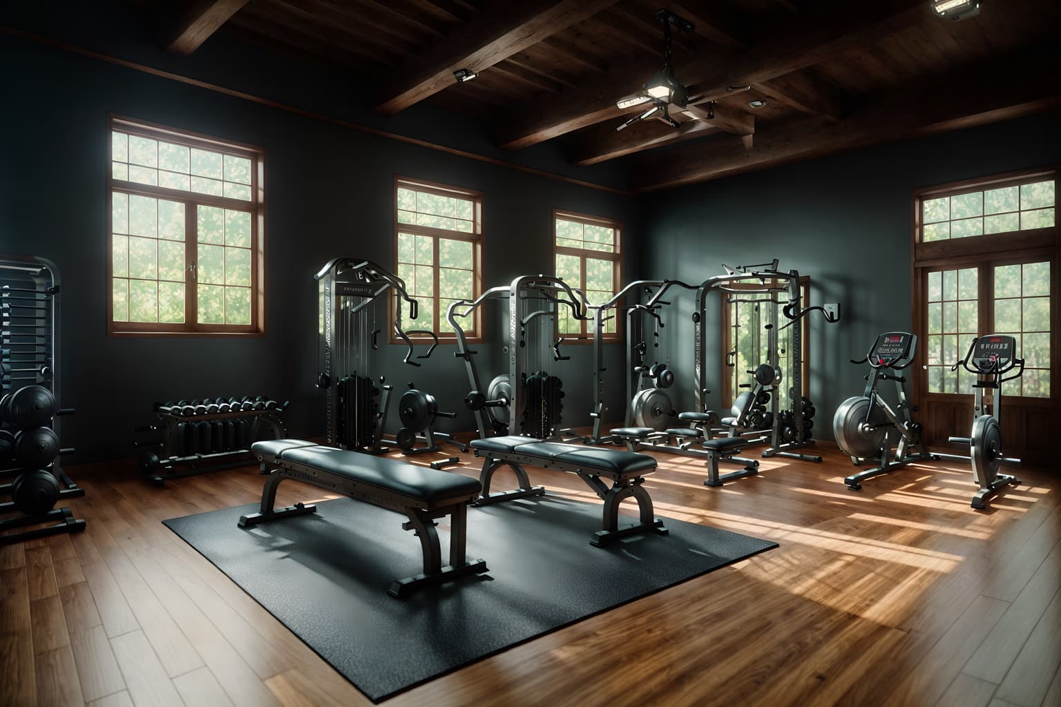 traditional-style (fitness gym interior) with exercise bicycle and dumbbell stand and bench press and squat rack and crosstrainer and exercise bicycle. . . cinematic photo, highly detailed, cinematic lighting, ultra-detailed, ultrarealistic, photorealism, 8k. traditional interior design style. masterpiece, cinematic light, ultrarealistic+, photorealistic+, 8k, raw photo, realistic, sharp focus on eyes, (symmetrical eyes), (intact eyes), hyperrealistic, highest quality, best quality, , highly detailed, masterpiece, best quality, extremely detailed 8k wallpaper, masterpiece, best quality, ultra-detailed, best shadow, detailed background, detailed face, detailed eyes, high contrast, best illumination, detailed face, dulux, caustic, dynamic angle, detailed glow. dramatic lighting. highly detailed, insanely detailed hair, symmetrical, intricate details, professionally retouched, 8k high definition. strong bokeh. award winning photo.