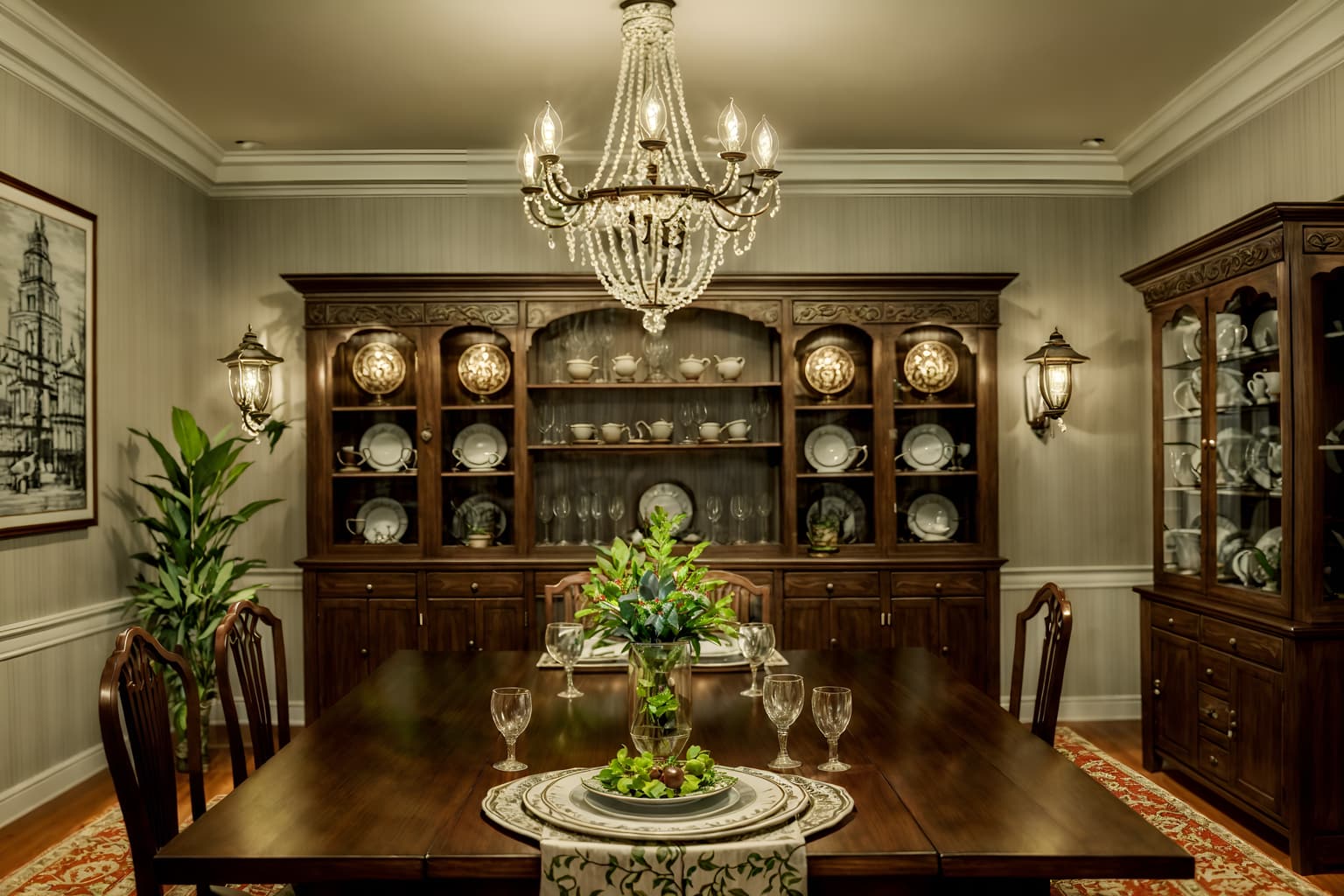 traditional-style (dining room interior) with plates, cutlery and glasses on dining table and plant and bookshelves and vase and dining table chairs and table cloth and painting or photo on wall and light or chandelier. . . cinematic photo, highly detailed, cinematic lighting, ultra-detailed, ultrarealistic, photorealism, 8k. traditional interior design style. masterpiece, cinematic light, ultrarealistic+, photorealistic+, 8k, raw photo, realistic, sharp focus on eyes, (symmetrical eyes), (intact eyes), hyperrealistic, highest quality, best quality, , highly detailed, masterpiece, best quality, extremely detailed 8k wallpaper, masterpiece, best quality, ultra-detailed, best shadow, detailed background, detailed face, detailed eyes, high contrast, best illumination, detailed face, dulux, caustic, dynamic angle, detailed glow. dramatic lighting. highly detailed, insanely detailed hair, symmetrical, intricate details, professionally retouched, 8k high definition. strong bokeh. award winning photo.