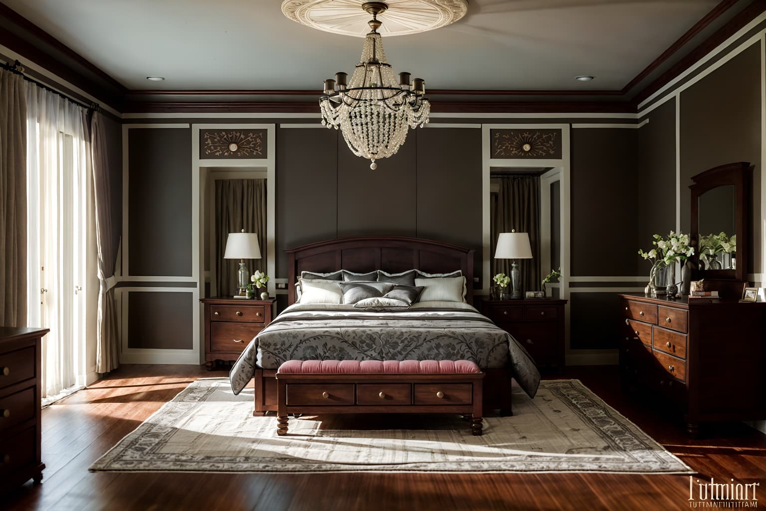 traditional-style (bedroom interior) with bed and dresser closet and bedside table or night stand and mirror and accent chair and storage bench or ottoman and headboard and night light. . . cinematic photo, highly detailed, cinematic lighting, ultra-detailed, ultrarealistic, photorealism, 8k. traditional interior design style. masterpiece, cinematic light, ultrarealistic+, photorealistic+, 8k, raw photo, realistic, sharp focus on eyes, (symmetrical eyes), (intact eyes), hyperrealistic, highest quality, best quality, , highly detailed, masterpiece, best quality, extremely detailed 8k wallpaper, masterpiece, best quality, ultra-detailed, best shadow, detailed background, detailed face, detailed eyes, high contrast, best illumination, detailed face, dulux, caustic, dynamic angle, detailed glow. dramatic lighting. highly detailed, insanely detailed hair, symmetrical, intricate details, professionally retouched, 8k high definition. strong bokeh. award winning photo.