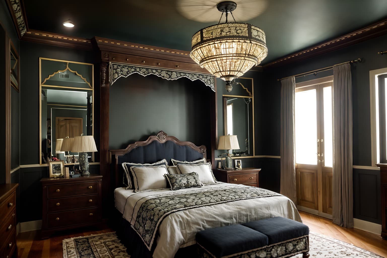 traditional-style (bedroom interior) with bed and dresser closet and bedside table or night stand and mirror and accent chair and storage bench or ottoman and headboard and night light. . . cinematic photo, highly detailed, cinematic lighting, ultra-detailed, ultrarealistic, photorealism, 8k. traditional interior design style. masterpiece, cinematic light, ultrarealistic+, photorealistic+, 8k, raw photo, realistic, sharp focus on eyes, (symmetrical eyes), (intact eyes), hyperrealistic, highest quality, best quality, , highly detailed, masterpiece, best quality, extremely detailed 8k wallpaper, masterpiece, best quality, ultra-detailed, best shadow, detailed background, detailed face, detailed eyes, high contrast, best illumination, detailed face, dulux, caustic, dynamic angle, detailed glow. dramatic lighting. highly detailed, insanely detailed hair, symmetrical, intricate details, professionally retouched, 8k high definition. strong bokeh. award winning photo.