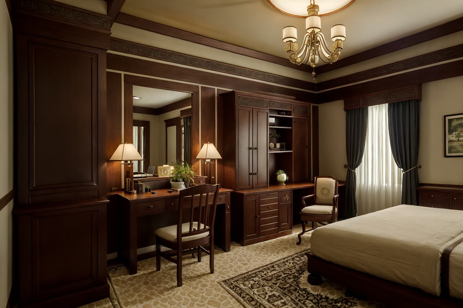 traditional-style (hotel room interior) with plant and storage bench or ottoman and dresser closet and bed and mirror and working desk with desk chair and hotel bathroom and bedside table or night stand. . . cinematic photo, highly detailed, cinematic lighting, ultra-detailed, ultrarealistic, photorealism, 8k. traditional interior design style. masterpiece, cinematic light, ultrarealistic+, photorealistic+, 8k, raw photo, realistic, sharp focus on eyes, (symmetrical eyes), (intact eyes), hyperrealistic, highest quality, best quality, , highly detailed, masterpiece, best quality, extremely detailed 8k wallpaper, masterpiece, best quality, ultra-detailed, best shadow, detailed background, detailed face, detailed eyes, high contrast, best illumination, detailed face, dulux, caustic, dynamic angle, detailed glow. dramatic lighting. highly detailed, insanely detailed hair, symmetrical, intricate details, professionally retouched, 8k high definition. strong bokeh. award winning photo.