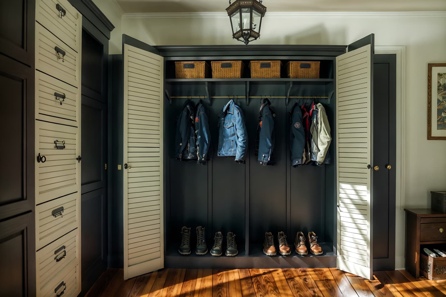 traditional-style (drop zone interior) with lockers and a bench and cubbies and storage drawers and high up storage and wall hooks for coats and cabinets and shelves for shoes. . . cinematic photo, highly detailed, cinematic lighting, ultra-detailed, ultrarealistic, photorealism, 8k. traditional interior design style. masterpiece, cinematic light, ultrarealistic+, photorealistic+, 8k, raw photo, realistic, sharp focus on eyes, (symmetrical eyes), (intact eyes), hyperrealistic, highest quality, best quality, , highly detailed, masterpiece, best quality, extremely detailed 8k wallpaper, masterpiece, best quality, ultra-detailed, best shadow, detailed background, detailed face, detailed eyes, high contrast, best illumination, detailed face, dulux, caustic, dynamic angle, detailed glow. dramatic lighting. highly detailed, insanely detailed hair, symmetrical, intricate details, professionally retouched, 8k high definition. strong bokeh. award winning photo.