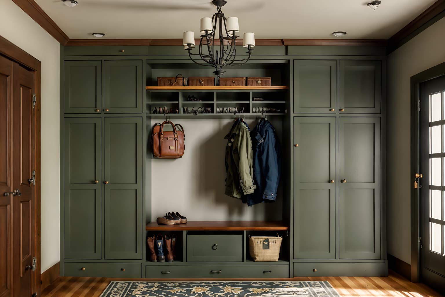 traditional-style (drop zone interior) with lockers and a bench and cubbies and storage drawers and high up storage and wall hooks for coats and cabinets and shelves for shoes. . . cinematic photo, highly detailed, cinematic lighting, ultra-detailed, ultrarealistic, photorealism, 8k. traditional interior design style. masterpiece, cinematic light, ultrarealistic+, photorealistic+, 8k, raw photo, realistic, sharp focus on eyes, (symmetrical eyes), (intact eyes), hyperrealistic, highest quality, best quality, , highly detailed, masterpiece, best quality, extremely detailed 8k wallpaper, masterpiece, best quality, ultra-detailed, best shadow, detailed background, detailed face, detailed eyes, high contrast, best illumination, detailed face, dulux, caustic, dynamic angle, detailed glow. dramatic lighting. highly detailed, insanely detailed hair, symmetrical, intricate details, professionally retouched, 8k high definition. strong bokeh. award winning photo.