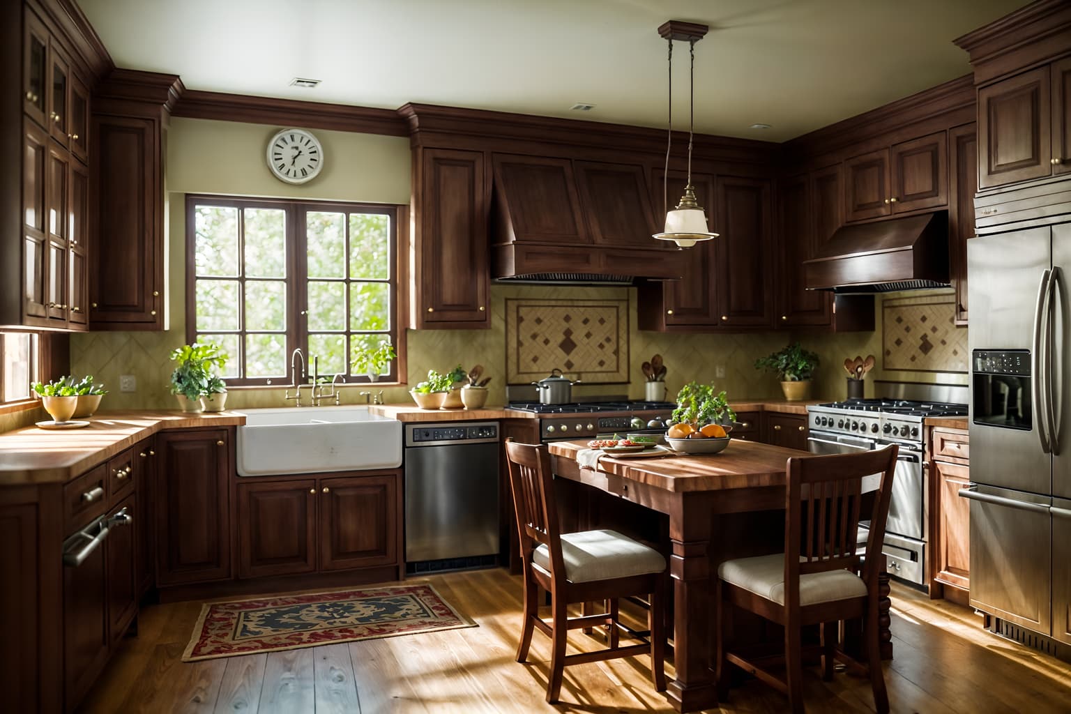 traditional-style (kitchen living combo interior) with sink and chairs and worktops and occasional tables and kitchen cabinets and plant and televisions and stove. . . cinematic photo, highly detailed, cinematic lighting, ultra-detailed, ultrarealistic, photorealism, 8k. traditional interior design style. masterpiece, cinematic light, ultrarealistic+, photorealistic+, 8k, raw photo, realistic, sharp focus on eyes, (symmetrical eyes), (intact eyes), hyperrealistic, highest quality, best quality, , highly detailed, masterpiece, best quality, extremely detailed 8k wallpaper, masterpiece, best quality, ultra-detailed, best shadow, detailed background, detailed face, detailed eyes, high contrast, best illumination, detailed face, dulux, caustic, dynamic angle, detailed glow. dramatic lighting. highly detailed, insanely detailed hair, symmetrical, intricate details, professionally retouched, 8k high definition. strong bokeh. award winning photo.