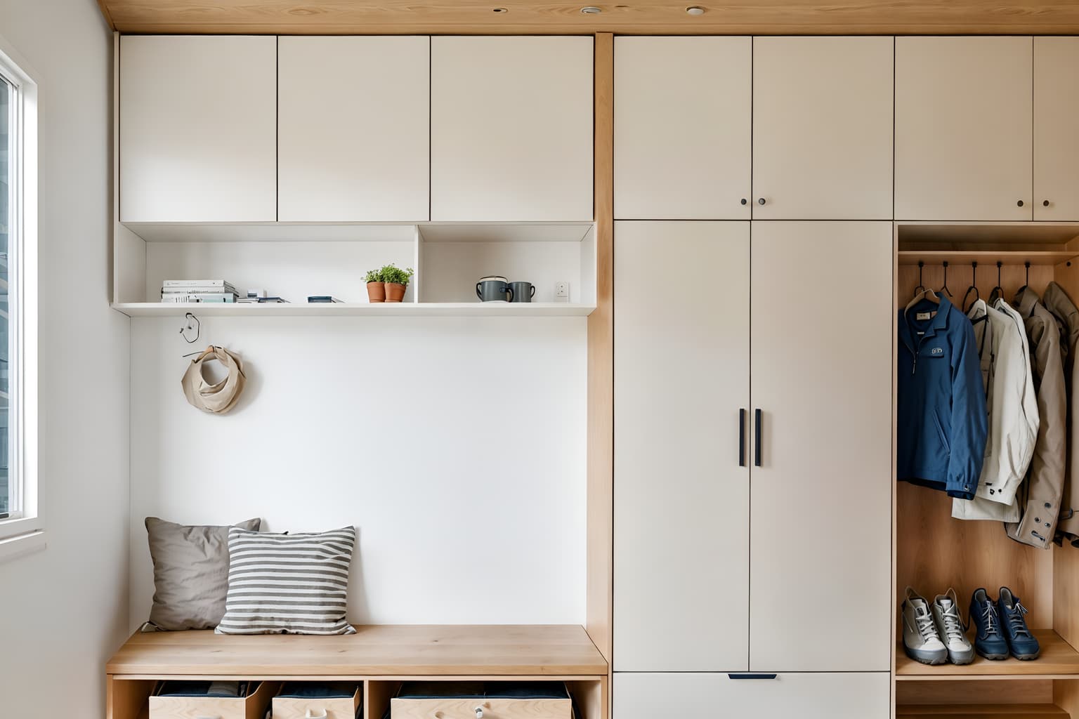 airbnb-style (drop zone interior) with a bench and cubbies and cabinets and wall hooks for coats and storage drawers and shelves for shoes and storage baskets and lockers. . with practicality and functionality and open and natural lighting and neutral walls and textures and natural materials and elements and scandinavian style and simple, clean lines and simplistic furniture and simple color palette and practicality and functionality. . cinematic photo, highly detailed, cinematic lighting, ultra-detailed, ultrarealistic, photorealism, 8k. airbnb interior design style. masterpiece, cinematic light, ultrarealistic+, photorealistic+, 8k, raw photo, realistic, sharp focus on eyes, (symmetrical eyes), (intact eyes), hyperrealistic, highest quality, best quality, , highly detailed, masterpiece, best quality, extremely detailed 8k wallpaper, masterpiece, best quality, ultra-detailed, best shadow, detailed background, detailed face, detailed eyes, high contrast, best illumination, detailed face, dulux, caustic, dynamic angle, detailed glow. dramatic lighting. highly detailed, insanely detailed hair, symmetrical, intricate details, professionally retouched, 8k high definition. strong bokeh. award winning photo.