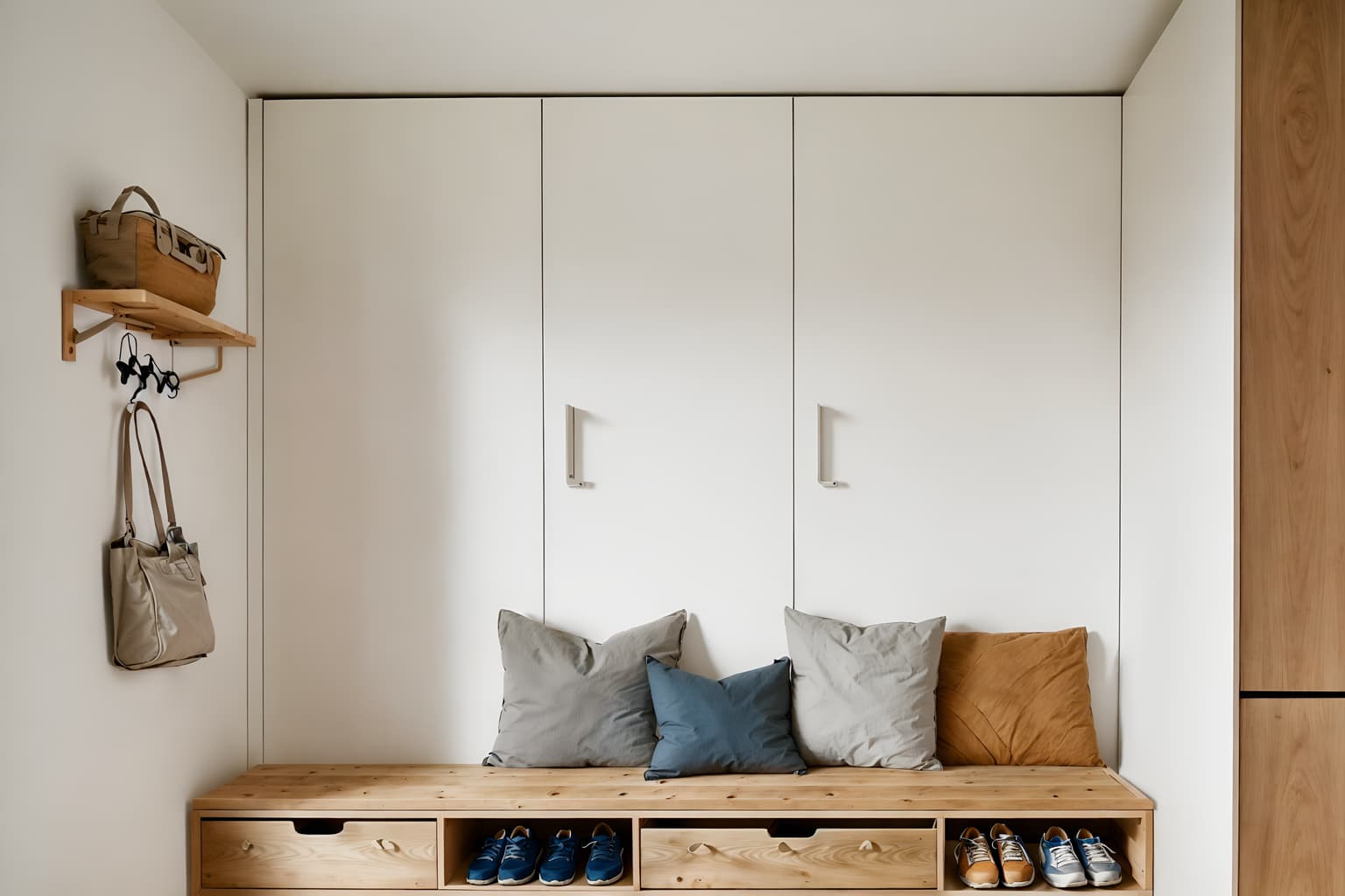 airbnb-style (drop zone interior) with a bench and cubbies and cabinets and wall hooks for coats and storage drawers and shelves for shoes and storage baskets and lockers. . with practicality and functionality and open and natural lighting and neutral walls and textures and natural materials and elements and scandinavian style and simple, clean lines and simplistic furniture and simple color palette and practicality and functionality. . cinematic photo, highly detailed, cinematic lighting, ultra-detailed, ultrarealistic, photorealism, 8k. airbnb interior design style. masterpiece, cinematic light, ultrarealistic+, photorealistic+, 8k, raw photo, realistic, sharp focus on eyes, (symmetrical eyes), (intact eyes), hyperrealistic, highest quality, best quality, , highly detailed, masterpiece, best quality, extremely detailed 8k wallpaper, masterpiece, best quality, ultra-detailed, best shadow, detailed background, detailed face, detailed eyes, high contrast, best illumination, detailed face, dulux, caustic, dynamic angle, detailed glow. dramatic lighting. highly detailed, insanely detailed hair, symmetrical, intricate details, professionally retouched, 8k high definition. strong bokeh. award winning photo.