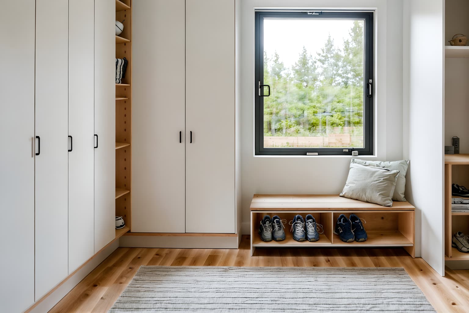 airbnb-style (drop zone interior) with a bench and cubbies and cabinets and wall hooks for coats and storage drawers and shelves for shoes and storage baskets and lockers. . with practicality and functionality and open and natural lighting and neutral walls and textures and natural materials and elements and scandinavian style and simple, clean lines and simplistic furniture and simple color palette and practicality and functionality. . cinematic photo, highly detailed, cinematic lighting, ultra-detailed, ultrarealistic, photorealism, 8k. airbnb interior design style. masterpiece, cinematic light, ultrarealistic+, photorealistic+, 8k, raw photo, realistic, sharp focus on eyes, (symmetrical eyes), (intact eyes), hyperrealistic, highest quality, best quality, , highly detailed, masterpiece, best quality, extremely detailed 8k wallpaper, masterpiece, best quality, ultra-detailed, best shadow, detailed background, detailed face, detailed eyes, high contrast, best illumination, detailed face, dulux, caustic, dynamic angle, detailed glow. dramatic lighting. highly detailed, insanely detailed hair, symmetrical, intricate details, professionally retouched, 8k high definition. strong bokeh. award winning photo.