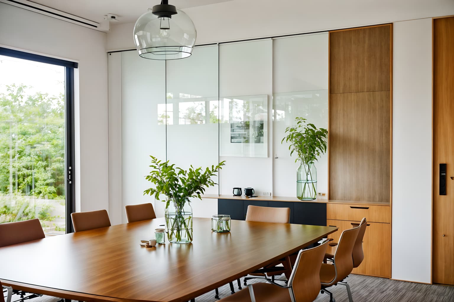airbnb-style (meeting room interior) with glass walls and cabinets and plant and office chairs and glass doors and boardroom table and painting or photo on wall and vase. . with natural materials and elements and simple, clean lines and simplistic furniture and scandinavian style and open and natural lighting and neutral walls and textures and practicality and functionality and simple color palette and natural materials and elements. . cinematic photo, highly detailed, cinematic lighting, ultra-detailed, ultrarealistic, photorealism, 8k. airbnb interior design style. masterpiece, cinematic light, ultrarealistic+, photorealistic+, 8k, raw photo, realistic, sharp focus on eyes, (symmetrical eyes), (intact eyes), hyperrealistic, highest quality, best quality, , highly detailed, masterpiece, best quality, extremely detailed 8k wallpaper, masterpiece, best quality, ultra-detailed, best shadow, detailed background, detailed face, detailed eyes, high contrast, best illumination, detailed face, dulux, caustic, dynamic angle, detailed glow. dramatic lighting. highly detailed, insanely detailed hair, symmetrical, intricate details, professionally retouched, 8k high definition. strong bokeh. award winning photo.