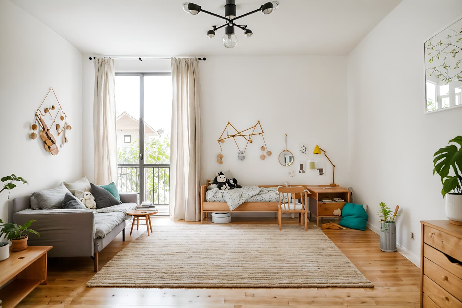 airbnb-style (kids room interior) with headboard and night light and plant and mirror and accent chair and bedside table or night stand and kids desk and dresser closet. . with natural materials and elements and neutral walls and textures and scandinavian style and simple color palette and open and natural lighting and simple, clean lines and simplistic furniture and practicality and functionality and natural materials and elements. . cinematic photo, highly detailed, cinematic lighting, ultra-detailed, ultrarealistic, photorealism, 8k. airbnb interior design style. masterpiece, cinematic light, ultrarealistic+, photorealistic+, 8k, raw photo, realistic, sharp focus on eyes, (symmetrical eyes), (intact eyes), hyperrealistic, highest quality, best quality, , highly detailed, masterpiece, best quality, extremely detailed 8k wallpaper, masterpiece, best quality, ultra-detailed, best shadow, detailed background, detailed face, detailed eyes, high contrast, best illumination, detailed face, dulux, caustic, dynamic angle, detailed glow. dramatic lighting. highly detailed, insanely detailed hair, symmetrical, intricate details, professionally retouched, 8k high definition. strong bokeh. award winning photo.