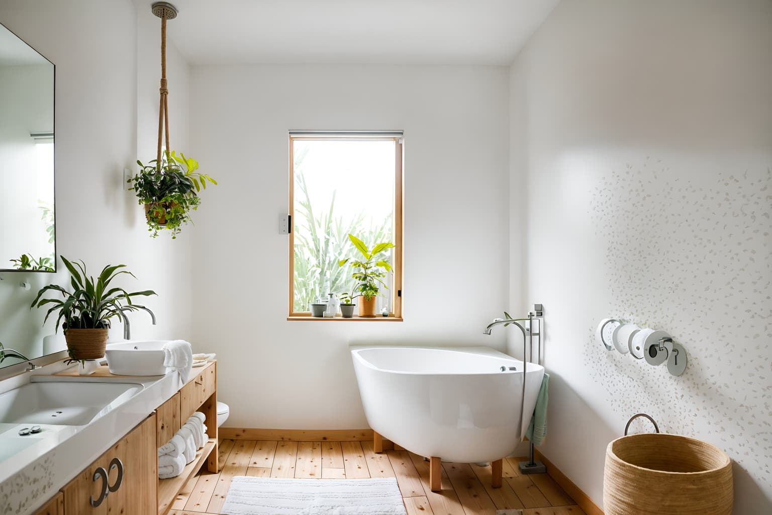 airbnb-style (hotel bathroom interior) with bathtub and waste basket and bath rail and toilet seat and plant and bathroom cabinet and bathroom sink with faucet and shower. . with open and natural lighting and natural materials and elements and practicality and functionality and simple color palette and neutral walls and textures and scandinavian style and simple, clean lines and simplistic furniture and open and natural lighting. . cinematic photo, highly detailed, cinematic lighting, ultra-detailed, ultrarealistic, photorealism, 8k. airbnb interior design style. masterpiece, cinematic light, ultrarealistic+, photorealistic+, 8k, raw photo, realistic, sharp focus on eyes, (symmetrical eyes), (intact eyes), hyperrealistic, highest quality, best quality, , highly detailed, masterpiece, best quality, extremely detailed 8k wallpaper, masterpiece, best quality, ultra-detailed, best shadow, detailed background, detailed face, detailed eyes, high contrast, best illumination, detailed face, dulux, caustic, dynamic angle, detailed glow. dramatic lighting. highly detailed, insanely detailed hair, symmetrical, intricate details, professionally retouched, 8k high definition. strong bokeh. award winning photo.