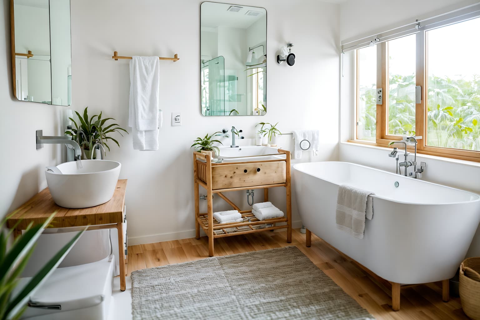 airbnb-style (hotel bathroom interior) with bathtub and waste basket and bath rail and toilet seat and plant and bathroom cabinet and bathroom sink with faucet and shower. . with open and natural lighting and natural materials and elements and practicality and functionality and simple color palette and neutral walls and textures and scandinavian style and simple, clean lines and simplistic furniture and open and natural lighting. . cinematic photo, highly detailed, cinematic lighting, ultra-detailed, ultrarealistic, photorealism, 8k. airbnb interior design style. masterpiece, cinematic light, ultrarealistic+, photorealistic+, 8k, raw photo, realistic, sharp focus on eyes, (symmetrical eyes), (intact eyes), hyperrealistic, highest quality, best quality, , highly detailed, masterpiece, best quality, extremely detailed 8k wallpaper, masterpiece, best quality, ultra-detailed, best shadow, detailed background, detailed face, detailed eyes, high contrast, best illumination, detailed face, dulux, caustic, dynamic angle, detailed glow. dramatic lighting. highly detailed, insanely detailed hair, symmetrical, intricate details, professionally retouched, 8k high definition. strong bokeh. award winning photo.