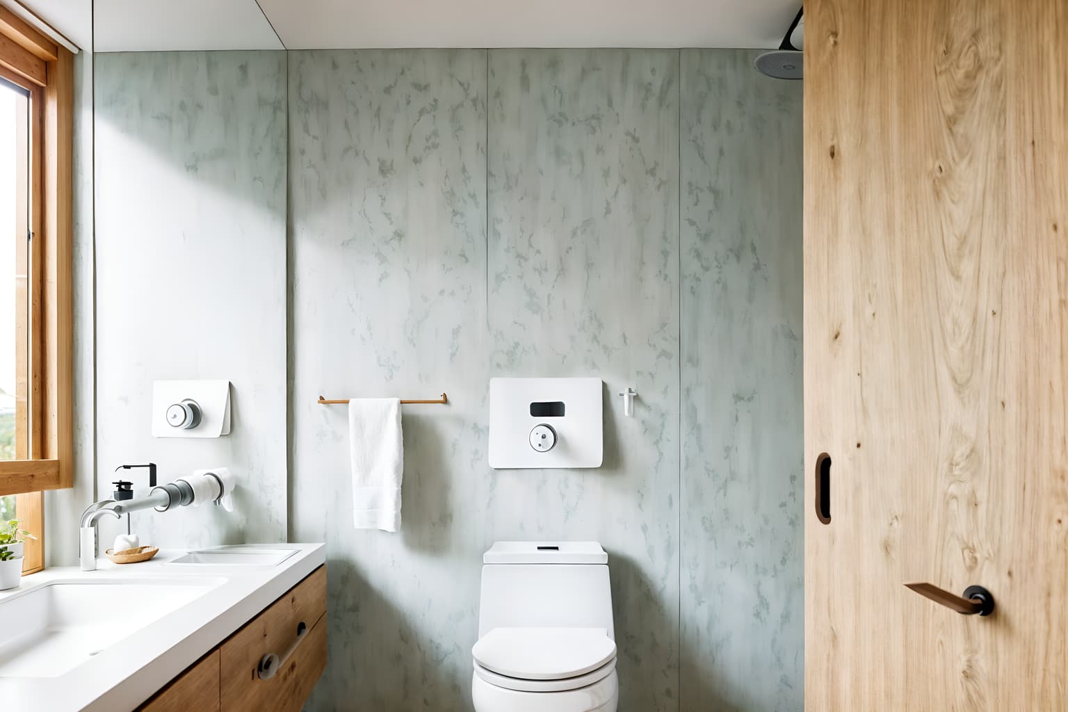 airbnb-style (toilet interior) with sink with tap and toilet with toilet seat up and toilet paper hanger and sink with tap. . with natural materials and elements and open and natural lighting and scandinavian style and simple, clean lines and simplistic furniture and practicality and functionality and simple color palette and neutral walls and textures and natural materials and elements. . cinematic photo, highly detailed, cinematic lighting, ultra-detailed, ultrarealistic, photorealism, 8k. airbnb interior design style. masterpiece, cinematic light, ultrarealistic+, photorealistic+, 8k, raw photo, realistic, sharp focus on eyes, (symmetrical eyes), (intact eyes), hyperrealistic, highest quality, best quality, , highly detailed, masterpiece, best quality, extremely detailed 8k wallpaper, masterpiece, best quality, ultra-detailed, best shadow, detailed background, detailed face, detailed eyes, high contrast, best illumination, detailed face, dulux, caustic, dynamic angle, detailed glow. dramatic lighting. highly detailed, insanely detailed hair, symmetrical, intricate details, professionally retouched, 8k high definition. strong bokeh. award winning photo.