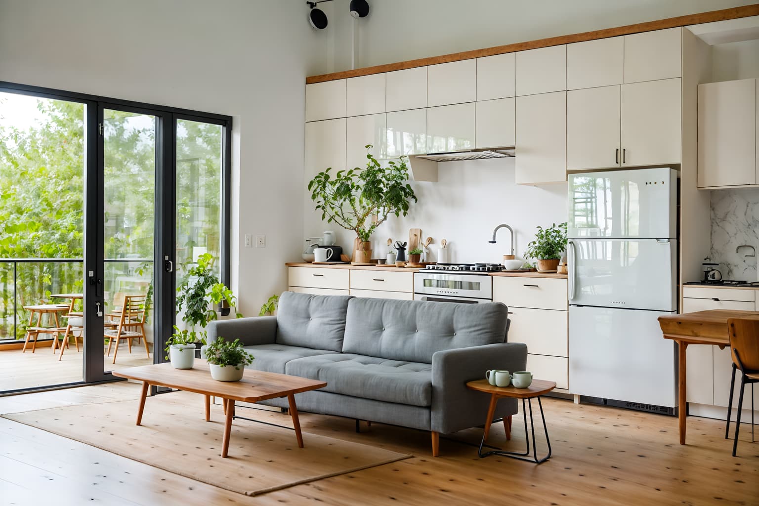 airbnb-style (kitchen living combo interior) with furniture and sink and occasional tables and refrigerator and coffee tables and worktops and sofa and plant. . with scandinavian style and natural materials and elements and simple color palette and practicality and functionality and neutral walls and textures and simple, clean lines and simplistic furniture and open and natural lighting and scandinavian style. . cinematic photo, highly detailed, cinematic lighting, ultra-detailed, ultrarealistic, photorealism, 8k. airbnb interior design style. masterpiece, cinematic light, ultrarealistic+, photorealistic+, 8k, raw photo, realistic, sharp focus on eyes, (symmetrical eyes), (intact eyes), hyperrealistic, highest quality, best quality, , highly detailed, masterpiece, best quality, extremely detailed 8k wallpaper, masterpiece, best quality, ultra-detailed, best shadow, detailed background, detailed face, detailed eyes, high contrast, best illumination, detailed face, dulux, caustic, dynamic angle, detailed glow. dramatic lighting. highly detailed, insanely detailed hair, symmetrical, intricate details, professionally retouched, 8k high definition. strong bokeh. award winning photo.