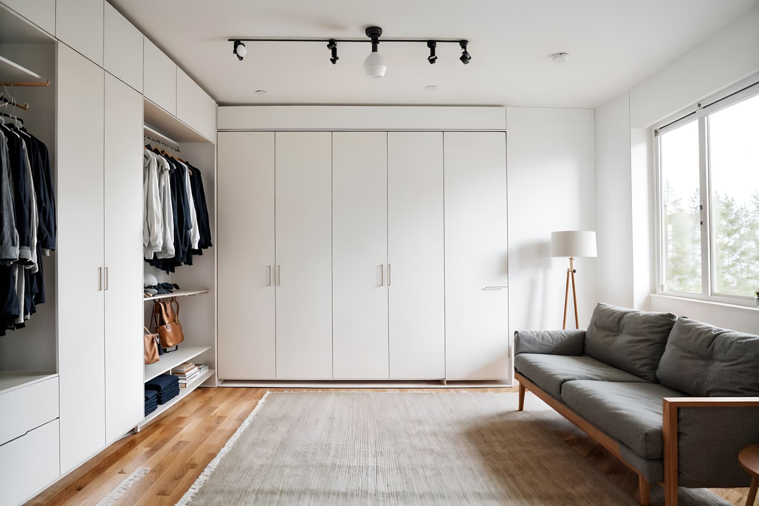 airbnb-style (walk in closet interior) . with practicality and functionality and simple color palette and open and natural lighting and scandinavian style and natural materials and elements and neutral walls and textures and simple, clean lines and simplistic furniture and practicality and functionality. . cinematic photo, highly detailed, cinematic lighting, ultra-detailed, ultrarealistic, photorealism, 8k. airbnb interior design style. masterpiece, cinematic light, ultrarealistic+, photorealistic+, 8k, raw photo, realistic, sharp focus on eyes, (symmetrical eyes), (intact eyes), hyperrealistic, highest quality, best quality, , highly detailed, masterpiece, best quality, extremely detailed 8k wallpaper, masterpiece, best quality, ultra-detailed, best shadow, detailed background, detailed face, detailed eyes, high contrast, best illumination, detailed face, dulux, caustic, dynamic angle, detailed glow. dramatic lighting. highly detailed, insanely detailed hair, symmetrical, intricate details, professionally retouched, 8k high definition. strong bokeh. award winning photo.