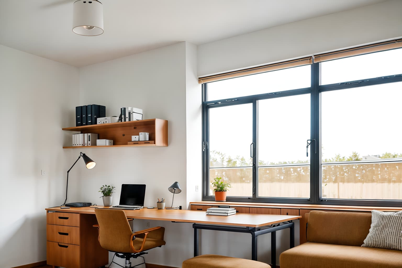 airbnb-style (office interior) with desk lamps and office chairs and office desks and windows and lounge chairs and seating area with sofa and cabinets and computer desks. . with simple color palette and open and natural lighting and neutral walls and textures and simple, clean lines and simplistic furniture and scandinavian style and natural materials and elements and practicality and functionality and simple color palette. . cinematic photo, highly detailed, cinematic lighting, ultra-detailed, ultrarealistic, photorealism, 8k. airbnb interior design style. masterpiece, cinematic light, ultrarealistic+, photorealistic+, 8k, raw photo, realistic, sharp focus on eyes, (symmetrical eyes), (intact eyes), hyperrealistic, highest quality, best quality, , highly detailed, masterpiece, best quality, extremely detailed 8k wallpaper, masterpiece, best quality, ultra-detailed, best shadow, detailed background, detailed face, detailed eyes, high contrast, best illumination, detailed face, dulux, caustic, dynamic angle, detailed glow. dramatic lighting. highly detailed, insanely detailed hair, symmetrical, intricate details, professionally retouched, 8k high definition. strong bokeh. award winning photo.