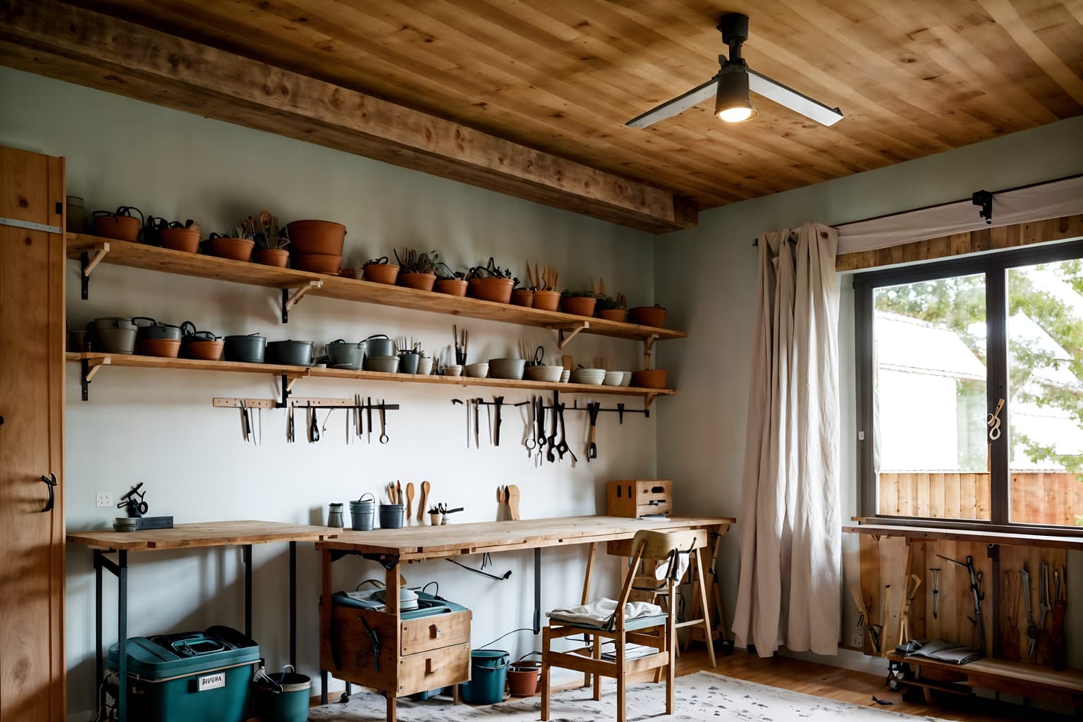 airbnb-style (workshop interior) with wooden workbench and messy and tool wall and wooden workbench. . with practicality and functionality and scandinavian style and simple, clean lines and simplistic furniture and open and natural lighting and natural materials and elements and neutral walls and textures and simple color palette and practicality and functionality. . cinematic photo, highly detailed, cinematic lighting, ultra-detailed, ultrarealistic, photorealism, 8k. airbnb interior design style. masterpiece, cinematic light, ultrarealistic+, photorealistic+, 8k, raw photo, realistic, sharp focus on eyes, (symmetrical eyes), (intact eyes), hyperrealistic, highest quality, best quality, , highly detailed, masterpiece, best quality, extremely detailed 8k wallpaper, masterpiece, best quality, ultra-detailed, best shadow, detailed background, detailed face, detailed eyes, high contrast, best illumination, detailed face, dulux, caustic, dynamic angle, detailed glow. dramatic lighting. highly detailed, insanely detailed hair, symmetrical, intricate details, professionally retouched, 8k high definition. strong bokeh. award winning photo.