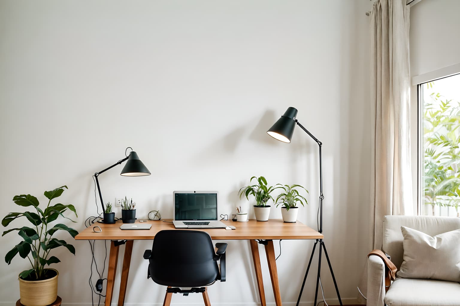 airbnb-style (home office interior) with office chair and plant and computer desk and cabinets and desk lamp and office chair. . with simple color palette and neutral walls and textures and open and natural lighting and scandinavian style and natural materials and elements and practicality and functionality and simple, clean lines and simplistic furniture and simple color palette. . cinematic photo, highly detailed, cinematic lighting, ultra-detailed, ultrarealistic, photorealism, 8k. airbnb interior design style. masterpiece, cinematic light, ultrarealistic+, photorealistic+, 8k, raw photo, realistic, sharp focus on eyes, (symmetrical eyes), (intact eyes), hyperrealistic, highest quality, best quality, , highly detailed, masterpiece, best quality, extremely detailed 8k wallpaper, masterpiece, best quality, ultra-detailed, best shadow, detailed background, detailed face, detailed eyes, high contrast, best illumination, detailed face, dulux, caustic, dynamic angle, detailed glow. dramatic lighting. highly detailed, insanely detailed hair, symmetrical, intricate details, professionally retouched, 8k high definition. strong bokeh. award winning photo.