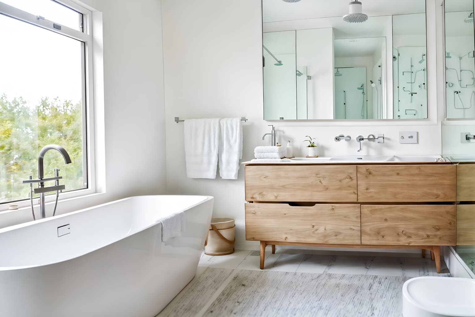 airbnb-style (bathroom interior) with bath rail and mirror and bath towel and shower and toilet seat and waste basket and bathtub and bathroom sink with faucet. . with open and natural lighting and simple, clean lines and simplistic furniture and scandinavian style and neutral walls and textures and practicality and functionality and simple color palette and natural materials and elements and open and natural lighting. . cinematic photo, highly detailed, cinematic lighting, ultra-detailed, ultrarealistic, photorealism, 8k. airbnb interior design style. masterpiece, cinematic light, ultrarealistic+, photorealistic+, 8k, raw photo, realistic, sharp focus on eyes, (symmetrical eyes), (intact eyes), hyperrealistic, highest quality, best quality, , highly detailed, masterpiece, best quality, extremely detailed 8k wallpaper, masterpiece, best quality, ultra-detailed, best shadow, detailed background, detailed face, detailed eyes, high contrast, best illumination, detailed face, dulux, caustic, dynamic angle, detailed glow. dramatic lighting. highly detailed, insanely detailed hair, symmetrical, intricate details, professionally retouched, 8k high definition. strong bokeh. award winning photo.