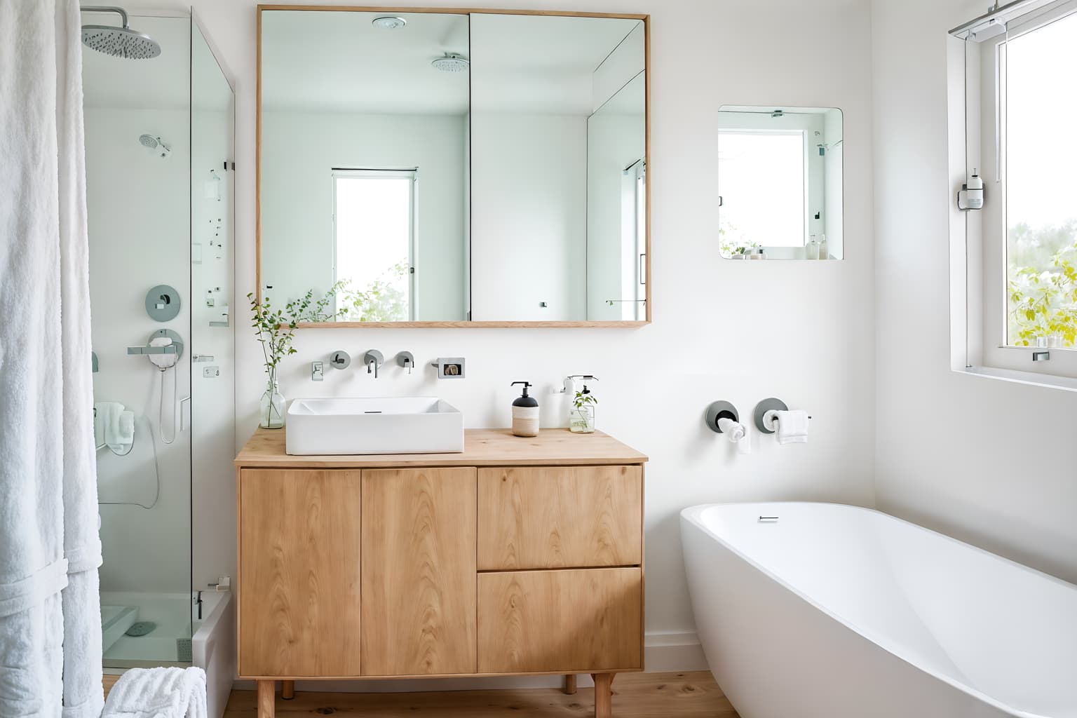 airbnb-style (bathroom interior) with bath rail and mirror and bath towel and shower and toilet seat and waste basket and bathtub and bathroom sink with faucet. . with open and natural lighting and simple, clean lines and simplistic furniture and scandinavian style and neutral walls and textures and practicality and functionality and simple color palette and natural materials and elements and open and natural lighting. . cinematic photo, highly detailed, cinematic lighting, ultra-detailed, ultrarealistic, photorealism, 8k. airbnb interior design style. masterpiece, cinematic light, ultrarealistic+, photorealistic+, 8k, raw photo, realistic, sharp focus on eyes, (symmetrical eyes), (intact eyes), hyperrealistic, highest quality, best quality, , highly detailed, masterpiece, best quality, extremely detailed 8k wallpaper, masterpiece, best quality, ultra-detailed, best shadow, detailed background, detailed face, detailed eyes, high contrast, best illumination, detailed face, dulux, caustic, dynamic angle, detailed glow. dramatic lighting. highly detailed, insanely detailed hair, symmetrical, intricate details, professionally retouched, 8k high definition. strong bokeh. award winning photo.
