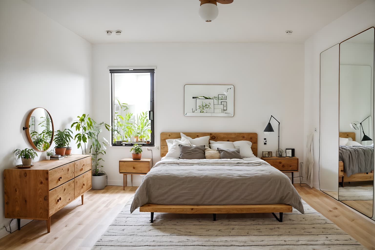 airbnb-style (bedroom interior) with plant and headboard and bed and mirror and dresser closet and night light and bedside table or night stand and accent chair. . with practicality and functionality and natural materials and elements and simple, clean lines and simplistic furniture and neutral walls and textures and scandinavian style and open and natural lighting and simple color palette and practicality and functionality. . cinematic photo, highly detailed, cinematic lighting, ultra-detailed, ultrarealistic, photorealism, 8k. airbnb interior design style. masterpiece, cinematic light, ultrarealistic+, photorealistic+, 8k, raw photo, realistic, sharp focus on eyes, (symmetrical eyes), (intact eyes), hyperrealistic, highest quality, best quality, , highly detailed, masterpiece, best quality, extremely detailed 8k wallpaper, masterpiece, best quality, ultra-detailed, best shadow, detailed background, detailed face, detailed eyes, high contrast, best illumination, detailed face, dulux, caustic, dynamic angle, detailed glow. dramatic lighting. highly detailed, insanely detailed hair, symmetrical, intricate details, professionally retouched, 8k high definition. strong bokeh. award winning photo.