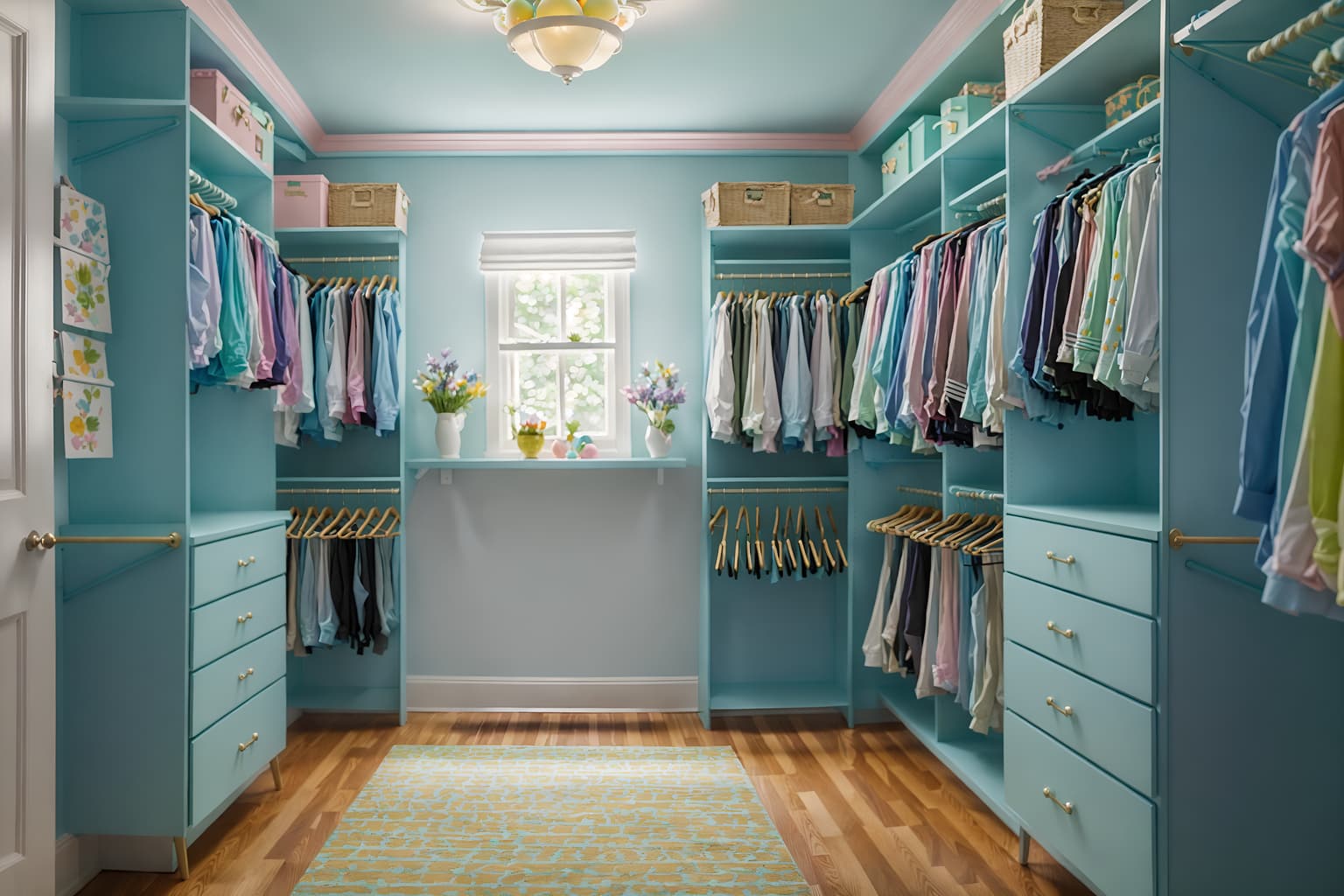 easter-style (walk in closet interior) . with light blue colors and easter decorations and colorful easter eggs and spring decorations and flowers on table and light blue colors. . cinematic photo, highly detailed, cinematic lighting, ultra-detailed, ultrarealistic, photorealism, 8k. easter interior design style. masterpiece, cinematic light, ultrarealistic+, photorealistic+, 8k, raw photo, realistic, sharp focus on eyes, (symmetrical eyes), (intact eyes), hyperrealistic, highest quality, best quality, , highly detailed, masterpiece, best quality, extremely detailed 8k wallpaper, masterpiece, best quality, ultra-detailed, best shadow, detailed background, detailed face, detailed eyes, high contrast, best illumination, detailed face, dulux, caustic, dynamic angle, detailed glow. dramatic lighting. highly detailed, insanely detailed hair, symmetrical, intricate details, professionally retouched, 8k high definition. strong bokeh. award winning photo.