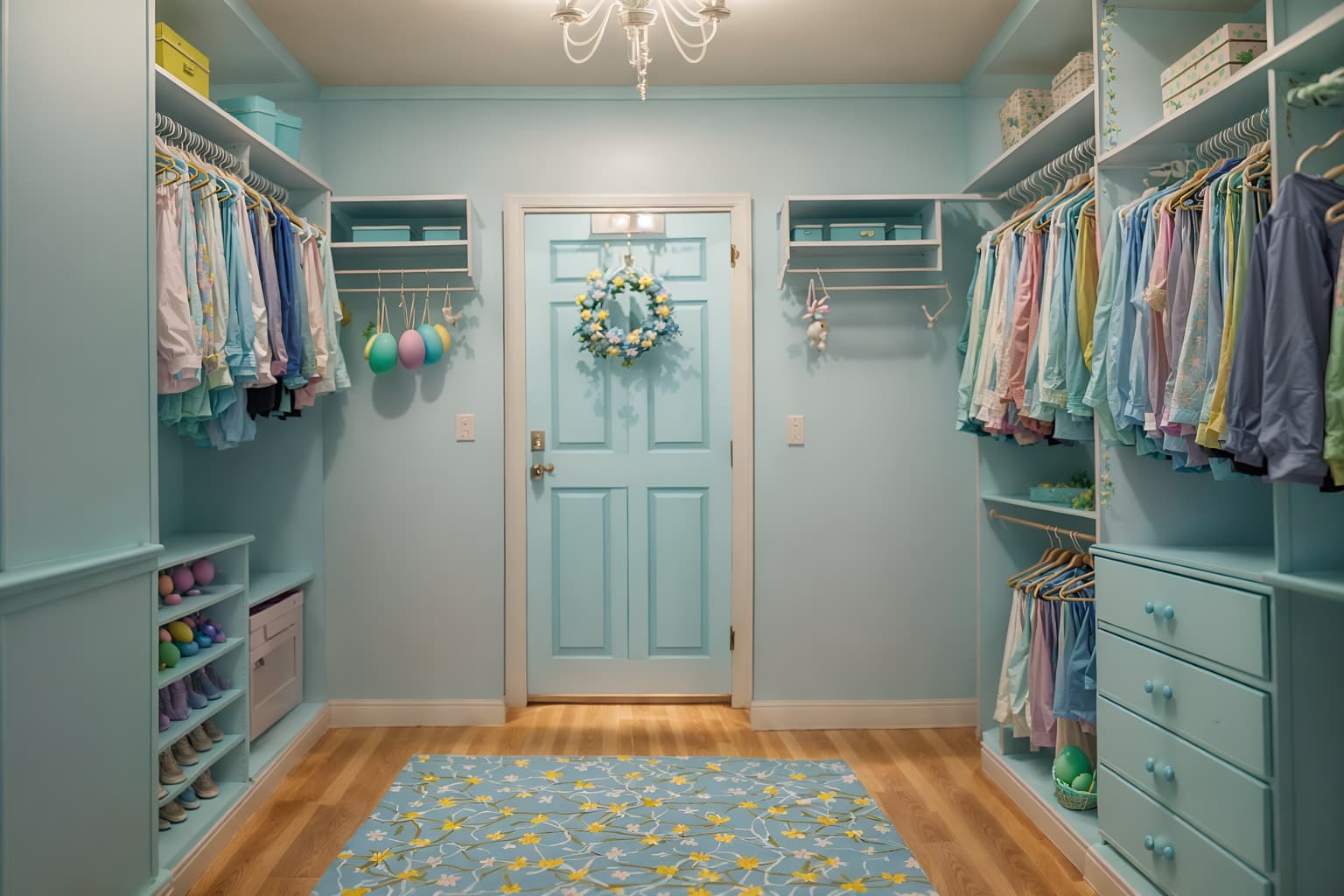 easter-style (walk in closet interior) . with light blue colors and easter decorations and colorful easter eggs and spring decorations and flowers on table and light blue colors. . cinematic photo, highly detailed, cinematic lighting, ultra-detailed, ultrarealistic, photorealism, 8k. easter interior design style. masterpiece, cinematic light, ultrarealistic+, photorealistic+, 8k, raw photo, realistic, sharp focus on eyes, (symmetrical eyes), (intact eyes), hyperrealistic, highest quality, best quality, , highly detailed, masterpiece, best quality, extremely detailed 8k wallpaper, masterpiece, best quality, ultra-detailed, best shadow, detailed background, detailed face, detailed eyes, high contrast, best illumination, detailed face, dulux, caustic, dynamic angle, detailed glow. dramatic lighting. highly detailed, insanely detailed hair, symmetrical, intricate details, professionally retouched, 8k high definition. strong bokeh. award winning photo.