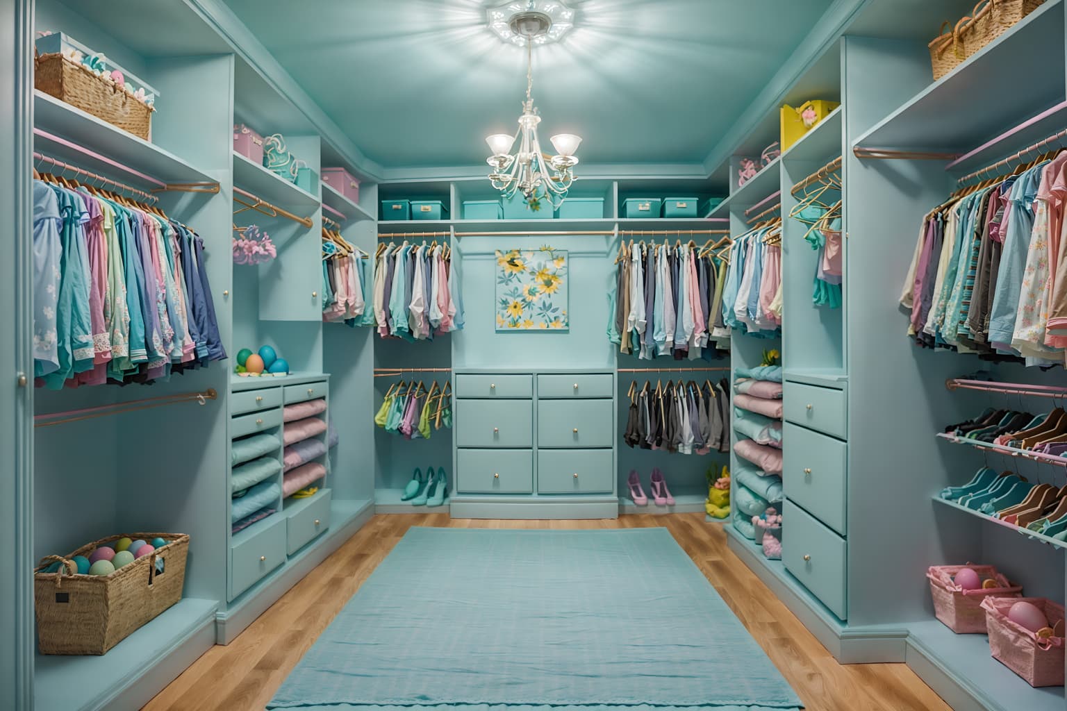 easter-style (walk in closet interior) . with light blue colors and easter decorations and colorful easter eggs and spring decorations and flowers on table and light blue colors. . cinematic photo, highly detailed, cinematic lighting, ultra-detailed, ultrarealistic, photorealism, 8k. easter interior design style. masterpiece, cinematic light, ultrarealistic+, photorealistic+, 8k, raw photo, realistic, sharp focus on eyes, (symmetrical eyes), (intact eyes), hyperrealistic, highest quality, best quality, , highly detailed, masterpiece, best quality, extremely detailed 8k wallpaper, masterpiece, best quality, ultra-detailed, best shadow, detailed background, detailed face, detailed eyes, high contrast, best illumination, detailed face, dulux, caustic, dynamic angle, detailed glow. dramatic lighting. highly detailed, insanely detailed hair, symmetrical, intricate details, professionally retouched, 8k high definition. strong bokeh. award winning photo.