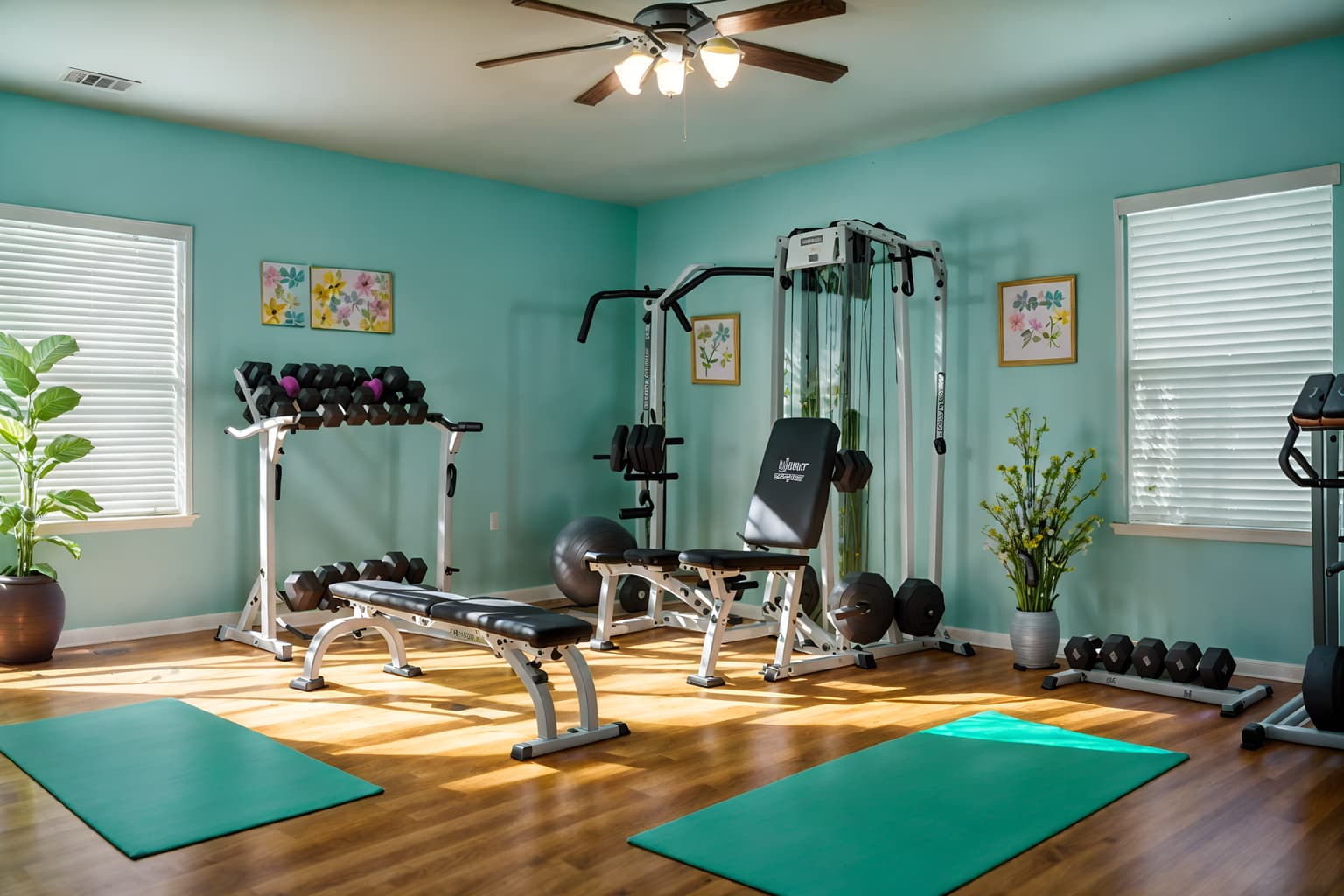 easter-style (fitness gym interior) with dumbbell stand and bench press and crosstrainer and exercise bicycle and squat rack and dumbbell stand. . with flowers on table and spring decorations and colorful easter eggs and easter decorations and light blue colors and flowers on table. . cinematic photo, highly detailed, cinematic lighting, ultra-detailed, ultrarealistic, photorealism, 8k. easter interior design style. masterpiece, cinematic light, ultrarealistic+, photorealistic+, 8k, raw photo, realistic, sharp focus on eyes, (symmetrical eyes), (intact eyes), hyperrealistic, highest quality, best quality, , highly detailed, masterpiece, best quality, extremely detailed 8k wallpaper, masterpiece, best quality, ultra-detailed, best shadow, detailed background, detailed face, detailed eyes, high contrast, best illumination, detailed face, dulux, caustic, dynamic angle, detailed glow. dramatic lighting. highly detailed, insanely detailed hair, symmetrical, intricate details, professionally retouched, 8k high definition. strong bokeh. award winning photo.
