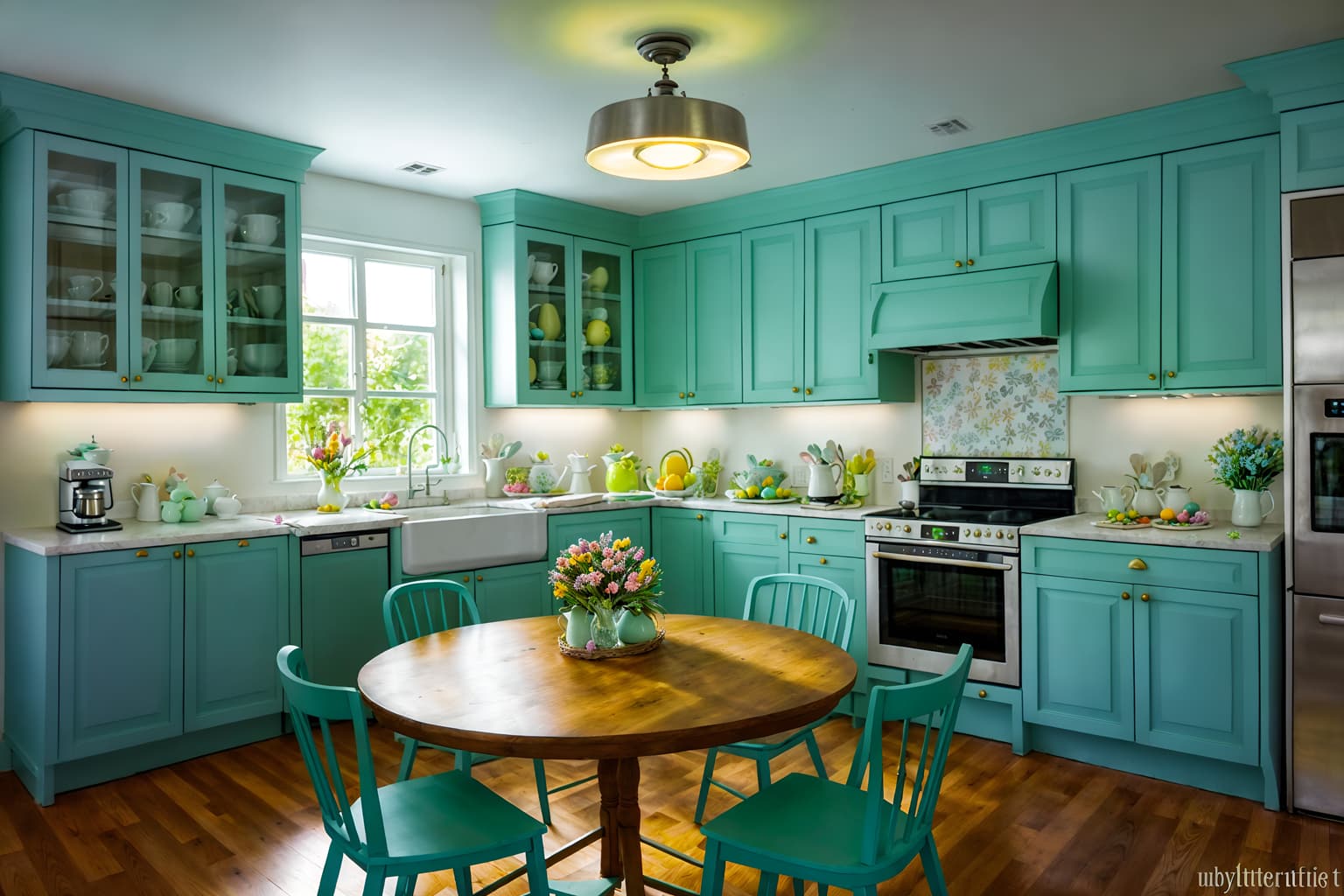easter-style (kitchen living combo interior) with coffee tables and worktops and bookshelves and sink and stove and chairs and televisions and electric lamps. . with flowers on table and easter decorations and spring decorations and colorful easter eggs and light blue colors and flowers on table. . cinematic photo, highly detailed, cinematic lighting, ultra-detailed, ultrarealistic, photorealism, 8k. easter interior design style. masterpiece, cinematic light, ultrarealistic+, photorealistic+, 8k, raw photo, realistic, sharp focus on eyes, (symmetrical eyes), (intact eyes), hyperrealistic, highest quality, best quality, , highly detailed, masterpiece, best quality, extremely detailed 8k wallpaper, masterpiece, best quality, ultra-detailed, best shadow, detailed background, detailed face, detailed eyes, high contrast, best illumination, detailed face, dulux, caustic, dynamic angle, detailed glow. dramatic lighting. highly detailed, insanely detailed hair, symmetrical, intricate details, professionally retouched, 8k high definition. strong bokeh. award winning photo.