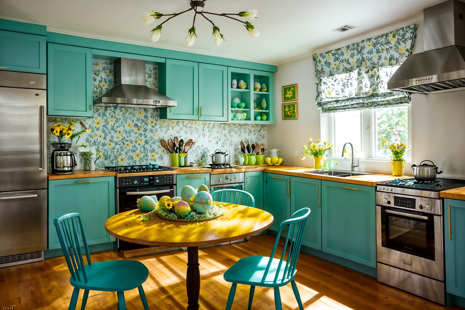 easter-style (kitchen living combo interior) with coffee tables and worktops and bookshelves and sink and stove and chairs and televisions and electric lamps. . with flowers on table and easter decorations and spring decorations and colorful easter eggs and light blue colors and flowers on table. . cinematic photo, highly detailed, cinematic lighting, ultra-detailed, ultrarealistic, photorealism, 8k. easter interior design style. masterpiece, cinematic light, ultrarealistic+, photorealistic+, 8k, raw photo, realistic, sharp focus on eyes, (symmetrical eyes), (intact eyes), hyperrealistic, highest quality, best quality, , highly detailed, masterpiece, best quality, extremely detailed 8k wallpaper, masterpiece, best quality, ultra-detailed, best shadow, detailed background, detailed face, detailed eyes, high contrast, best illumination, detailed face, dulux, caustic, dynamic angle, detailed glow. dramatic lighting. highly detailed, insanely detailed hair, symmetrical, intricate details, professionally retouched, 8k high definition. strong bokeh. award winning photo.