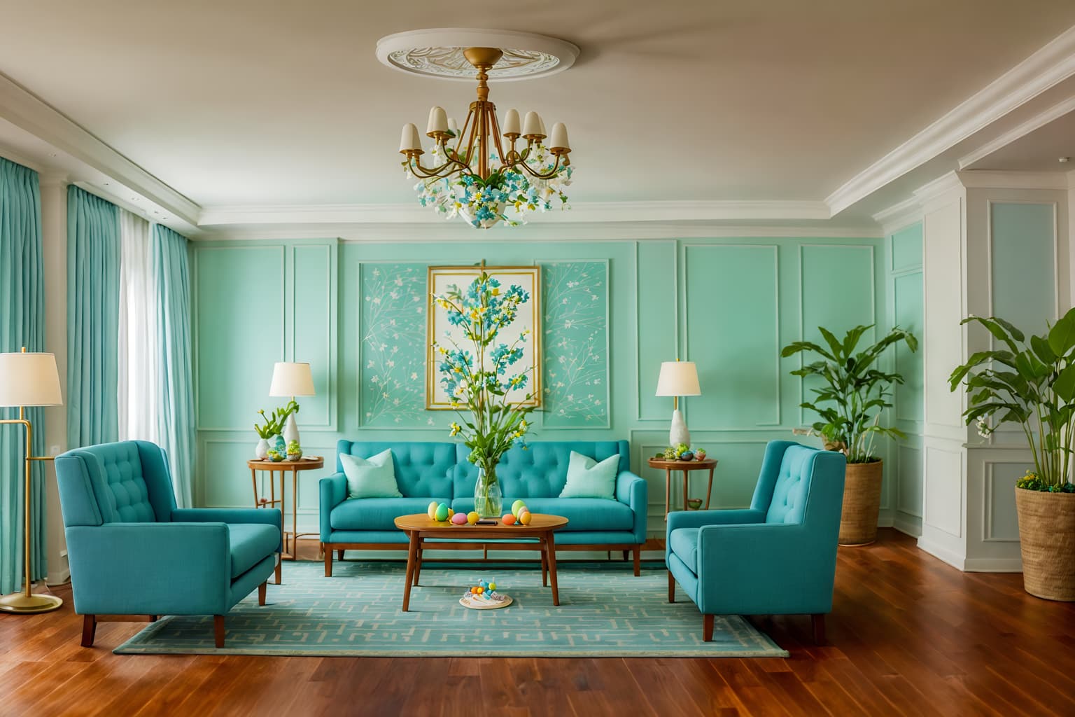 easter-style (hotel lobby interior) with lounge chairs and coffee tables and check in desk and rug and sofas and hanging lamps and furniture and plant. . with light blue colors and spring decorations and flowers on table and colorful easter eggs and easter decorations and light blue colors. . cinematic photo, highly detailed, cinematic lighting, ultra-detailed, ultrarealistic, photorealism, 8k. easter interior design style. masterpiece, cinematic light, ultrarealistic+, photorealistic+, 8k, raw photo, realistic, sharp focus on eyes, (symmetrical eyes), (intact eyes), hyperrealistic, highest quality, best quality, , highly detailed, masterpiece, best quality, extremely detailed 8k wallpaper, masterpiece, best quality, ultra-detailed, best shadow, detailed background, detailed face, detailed eyes, high contrast, best illumination, detailed face, dulux, caustic, dynamic angle, detailed glow. dramatic lighting. highly detailed, insanely detailed hair, symmetrical, intricate details, professionally retouched, 8k high definition. strong bokeh. award winning photo.