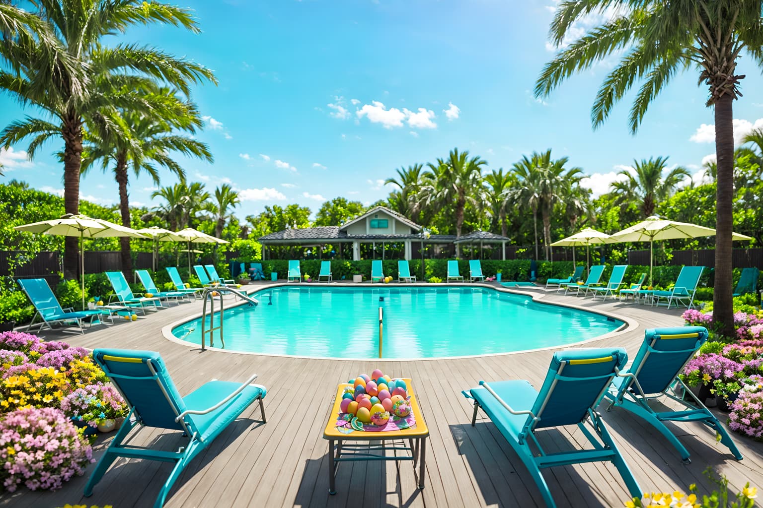easter-style designed (outdoor pool area ) with pool lounge chairs and pool and pool lights and pool lounge chairs. . with flowers on table and spring decorations and colorful easter eggs and light blue colors and easter decorations and flowers on table. . cinematic photo, highly detailed, cinematic lighting, ultra-detailed, ultrarealistic, photorealism, 8k. easter design style. masterpiece, cinematic light, ultrarealistic+, photorealistic+, 8k, raw photo, realistic, sharp focus on eyes, (symmetrical eyes), (intact eyes), hyperrealistic, highest quality, best quality, , highly detailed, masterpiece, best quality, extremely detailed 8k wallpaper, masterpiece, best quality, ultra-detailed, best shadow, detailed background, detailed face, detailed eyes, high contrast, best illumination, detailed face, dulux, caustic, dynamic angle, detailed glow. dramatic lighting. highly detailed, insanely detailed hair, symmetrical, intricate details, professionally retouched, 8k high definition. strong bokeh. award winning photo.