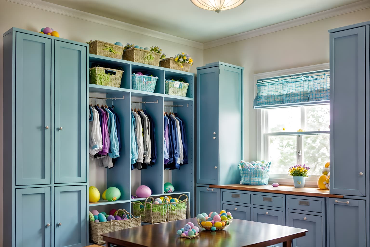 easter-style (drop zone interior) with lockers and storage baskets and cabinets and storage drawers and cubbies and wall hooks for coats and shelves for shoes and high up storage. . with spring decorations and light blue colors and easter decorations and flowers on table and colorful easter eggs and spring decorations. . cinematic photo, highly detailed, cinematic lighting, ultra-detailed, ultrarealistic, photorealism, 8k. easter interior design style. masterpiece, cinematic light, ultrarealistic+, photorealistic+, 8k, raw photo, realistic, sharp focus on eyes, (symmetrical eyes), (intact eyes), hyperrealistic, highest quality, best quality, , highly detailed, masterpiece, best quality, extremely detailed 8k wallpaper, masterpiece, best quality, ultra-detailed, best shadow, detailed background, detailed face, detailed eyes, high contrast, best illumination, detailed face, dulux, caustic, dynamic angle, detailed glow. dramatic lighting. highly detailed, insanely detailed hair, symmetrical, intricate details, professionally retouched, 8k high definition. strong bokeh. award winning photo.