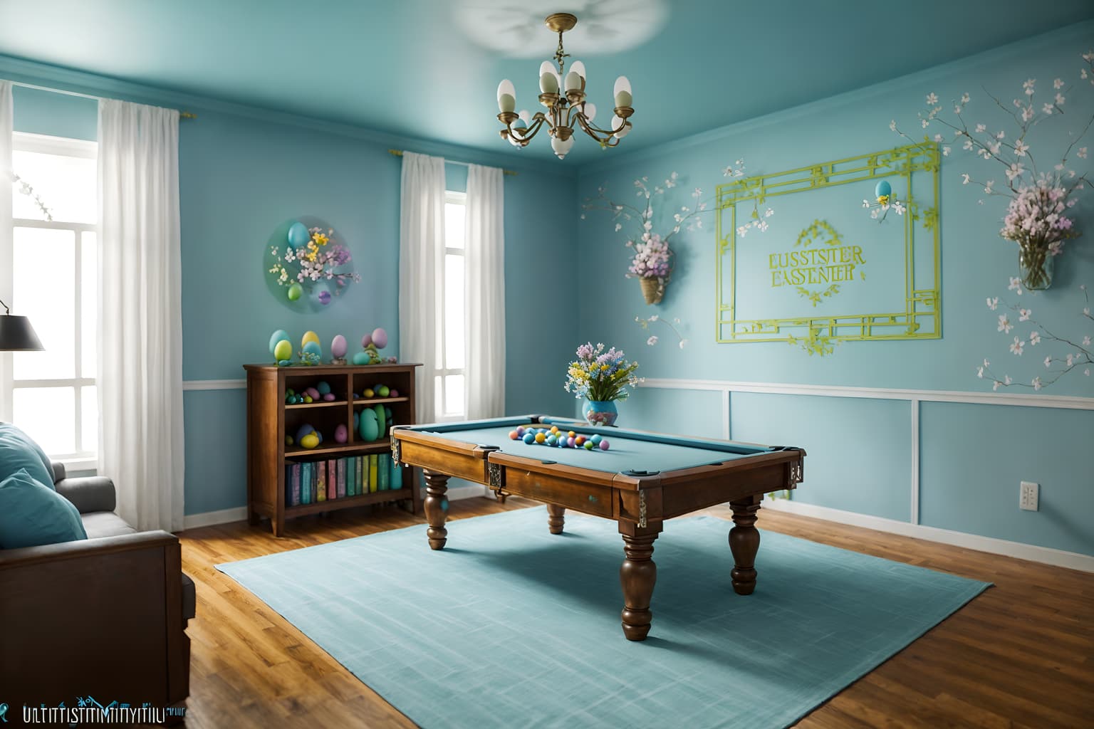easter-style (gaming room interior) . with light blue colors and colorful easter eggs and flowers on table and easter decorations and spring decorations and light blue colors. . cinematic photo, highly detailed, cinematic lighting, ultra-detailed, ultrarealistic, photorealism, 8k. easter interior design style. masterpiece, cinematic light, ultrarealistic+, photorealistic+, 8k, raw photo, realistic, sharp focus on eyes, (symmetrical eyes), (intact eyes), hyperrealistic, highest quality, best quality, , highly detailed, masterpiece, best quality, extremely detailed 8k wallpaper, masterpiece, best quality, ultra-detailed, best shadow, detailed background, detailed face, detailed eyes, high contrast, best illumination, detailed face, dulux, caustic, dynamic angle, detailed glow. dramatic lighting. highly detailed, insanely detailed hair, symmetrical, intricate details, professionally retouched, 8k high definition. strong bokeh. award winning photo.