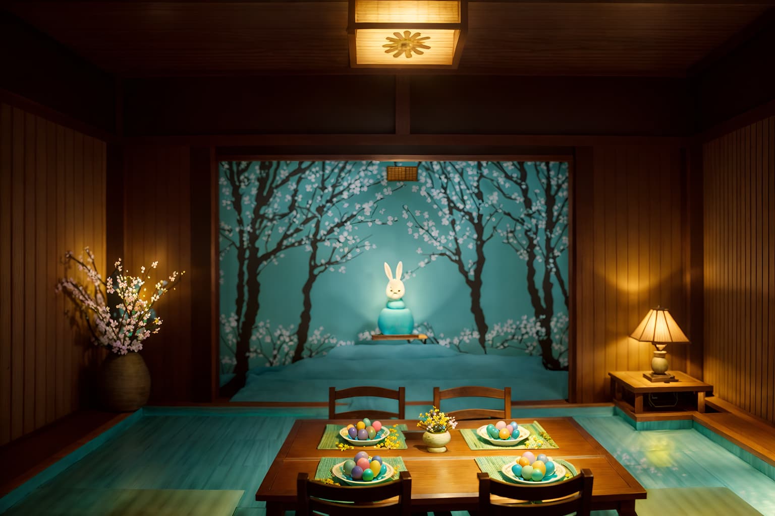 easter-style (onsen interior) . with spring decorations and light blue colors and colorful easter eggs and flowers on table and easter decorations and spring decorations. . cinematic photo, highly detailed, cinematic lighting, ultra-detailed, ultrarealistic, photorealism, 8k. easter interior design style. masterpiece, cinematic light, ultrarealistic+, photorealistic+, 8k, raw photo, realistic, sharp focus on eyes, (symmetrical eyes), (intact eyes), hyperrealistic, highest quality, best quality, , highly detailed, masterpiece, best quality, extremely detailed 8k wallpaper, masterpiece, best quality, ultra-detailed, best shadow, detailed background, detailed face, detailed eyes, high contrast, best illumination, detailed face, dulux, caustic, dynamic angle, detailed glow. dramatic lighting. highly detailed, insanely detailed hair, symmetrical, intricate details, professionally retouched, 8k high definition. strong bokeh. award winning photo.
