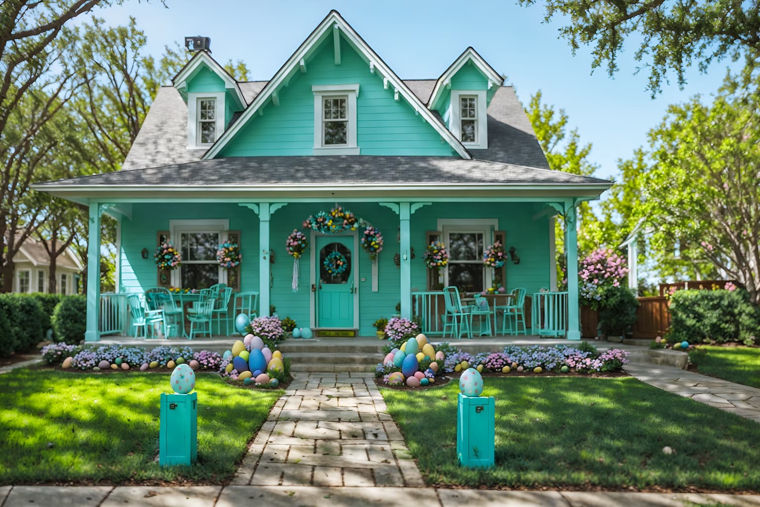 easter-style exterior designed (house exterior exterior) . with light blue colors and spring decorations and colorful easter eggs and flowers on table and easter decorations and light blue colors. . cinematic photo, highly detailed, cinematic lighting, ultra-detailed, ultrarealistic, photorealism, 8k. easter exterior design style. masterpiece, cinematic light, ultrarealistic+, photorealistic+, 8k, raw photo, realistic, sharp focus on eyes, (symmetrical eyes), (intact eyes), hyperrealistic, highest quality, best quality, , highly detailed, masterpiece, best quality, extremely detailed 8k wallpaper, masterpiece, best quality, ultra-detailed, best shadow, detailed background, detailed face, detailed eyes, high contrast, best illumination, detailed face, dulux, caustic, dynamic angle, detailed glow. dramatic lighting. highly detailed, insanely detailed hair, symmetrical, intricate details, professionally retouched, 8k high definition. strong bokeh. award winning photo.