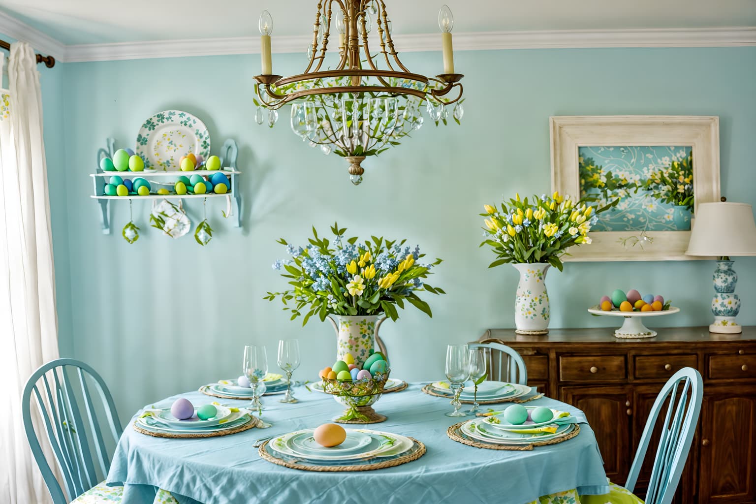 easter-style (dining room interior) with painting or photo on wall and light or chandelier and table cloth and dining table and plates, cutlery and glasses on dining table and plant and bookshelves and vase. . with light blue colors and easter decorations and spring decorations and colorful easter eggs and flowers on table and light blue colors. . cinematic photo, highly detailed, cinematic lighting, ultra-detailed, ultrarealistic, photorealism, 8k. easter interior design style. masterpiece, cinematic light, ultrarealistic+, photorealistic+, 8k, raw photo, realistic, sharp focus on eyes, (symmetrical eyes), (intact eyes), hyperrealistic, highest quality, best quality, , highly detailed, masterpiece, best quality, extremely detailed 8k wallpaper, masterpiece, best quality, ultra-detailed, best shadow, detailed background, detailed face, detailed eyes, high contrast, best illumination, detailed face, dulux, caustic, dynamic angle, detailed glow. dramatic lighting. highly detailed, insanely detailed hair, symmetrical, intricate details, professionally retouched, 8k high definition. strong bokeh. award winning photo.