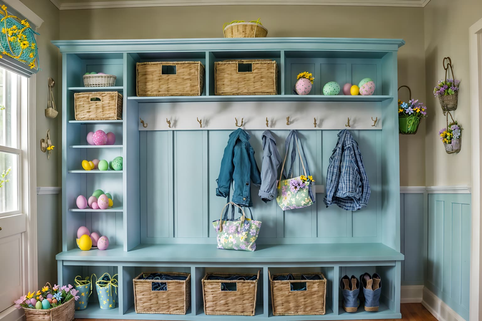 easter-style (mudroom interior) with storage drawers and cubbies and shelves for shoes and a bench and high up storage and wall hooks for coats and cabinets and storage baskets. . with flowers on table and easter decorations and light blue colors and spring decorations and colorful easter eggs and flowers on table. . cinematic photo, highly detailed, cinematic lighting, ultra-detailed, ultrarealistic, photorealism, 8k. easter interior design style. masterpiece, cinematic light, ultrarealistic+, photorealistic+, 8k, raw photo, realistic, sharp focus on eyes, (symmetrical eyes), (intact eyes), hyperrealistic, highest quality, best quality, , highly detailed, masterpiece, best quality, extremely detailed 8k wallpaper, masterpiece, best quality, ultra-detailed, best shadow, detailed background, detailed face, detailed eyes, high contrast, best illumination, detailed face, dulux, caustic, dynamic angle, detailed glow. dramatic lighting. highly detailed, insanely detailed hair, symmetrical, intricate details, professionally retouched, 8k high definition. strong bokeh. award winning photo.
