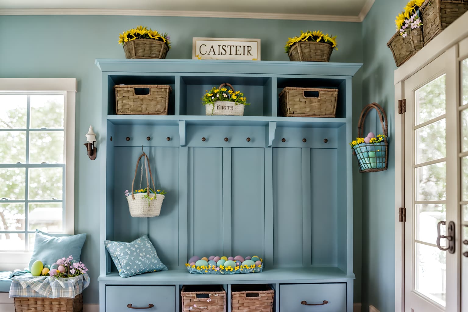 easter-style (mudroom interior) with storage drawers and cubbies and shelves for shoes and a bench and high up storage and wall hooks for coats and cabinets and storage baskets. . with flowers on table and easter decorations and light blue colors and spring decorations and colorful easter eggs and flowers on table. . cinematic photo, highly detailed, cinematic lighting, ultra-detailed, ultrarealistic, photorealism, 8k. easter interior design style. masterpiece, cinematic light, ultrarealistic+, photorealistic+, 8k, raw photo, realistic, sharp focus on eyes, (symmetrical eyes), (intact eyes), hyperrealistic, highest quality, best quality, , highly detailed, masterpiece, best quality, extremely detailed 8k wallpaper, masterpiece, best quality, ultra-detailed, best shadow, detailed background, detailed face, detailed eyes, high contrast, best illumination, detailed face, dulux, caustic, dynamic angle, detailed glow. dramatic lighting. highly detailed, insanely detailed hair, symmetrical, intricate details, professionally retouched, 8k high definition. strong bokeh. award winning photo.