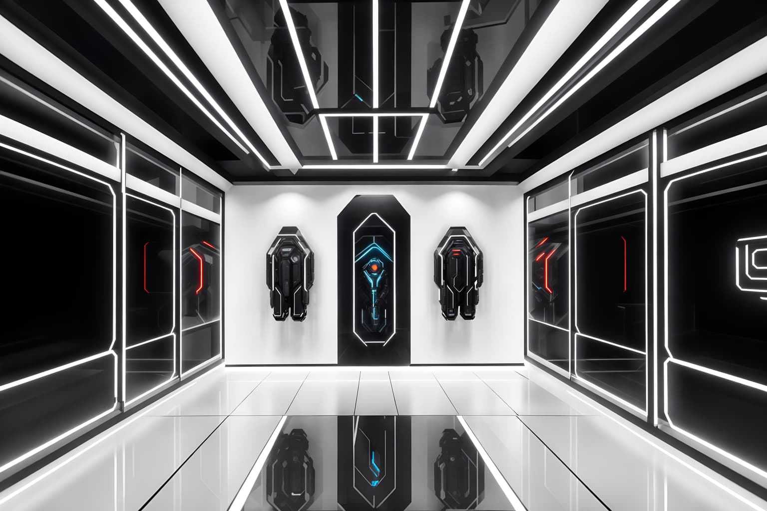 futuristic-style (clothing store interior) . with glass panes and monochromatic palette and neutral background and bright accents and futurism minimalist interior and futuristic interior and steel finishing and strong geometric walls and futurism. . cinematic photo, highly detailed, cinematic lighting, ultra-detailed, ultrarealistic, photorealism, 8k. futuristic interior design style. masterpiece, cinematic light, ultrarealistic+, photorealistic+, 8k, raw photo, realistic, sharp focus on eyes, (symmetrical eyes), (intact eyes), hyperrealistic, highest quality, best quality, , highly detailed, masterpiece, best quality, extremely detailed 8k wallpaper, masterpiece, best quality, ultra-detailed, best shadow, detailed background, detailed face, detailed eyes, high contrast, best illumination, detailed face, dulux, caustic, dynamic angle, detailed glow. dramatic lighting. highly detailed, insanely detailed hair, symmetrical, intricate details, professionally retouched, 8k high definition. strong bokeh. award winning photo.