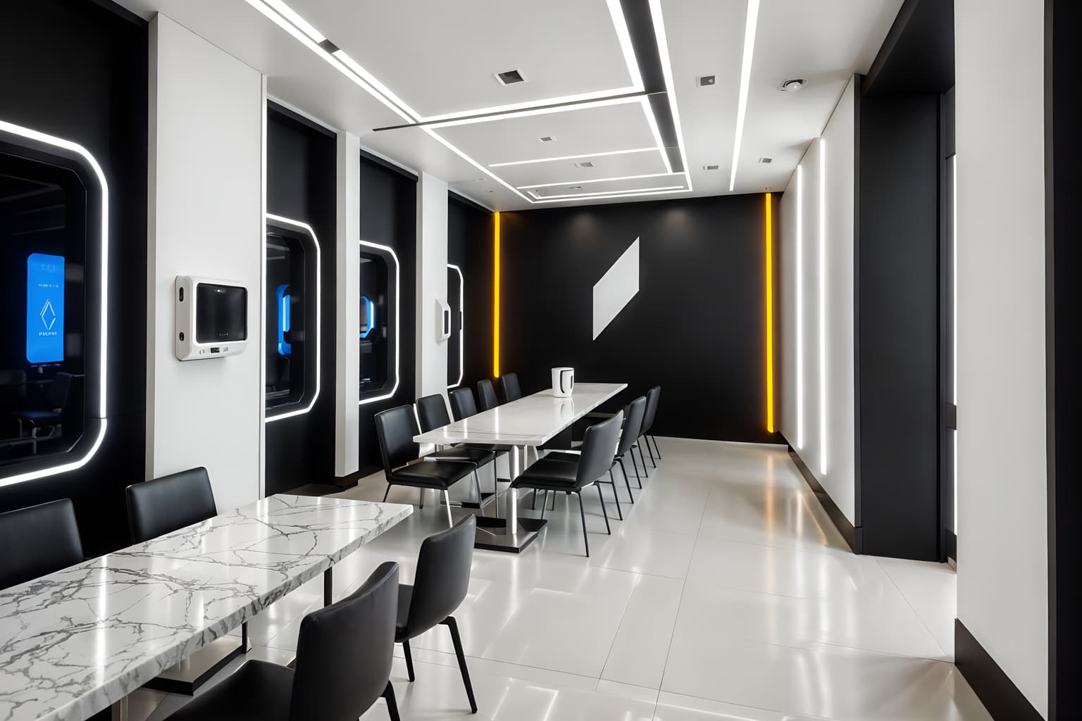 futuristic-style (coffee shop interior) . with minimalist clean lines and futurism minimalist interior and futuristic interior and futurism and strong geometric walls and neutral background and bright accents and smooth polished marble and steel finishing. . cinematic photo, highly detailed, cinematic lighting, ultra-detailed, ultrarealistic, photorealism, 8k. futuristic interior design style. masterpiece, cinematic light, ultrarealistic+, photorealistic+, 8k, raw photo, realistic, sharp focus on eyes, (symmetrical eyes), (intact eyes), hyperrealistic, highest quality, best quality, , highly detailed, masterpiece, best quality, extremely detailed 8k wallpaper, masterpiece, best quality, ultra-detailed, best shadow, detailed background, detailed face, detailed eyes, high contrast, best illumination, detailed face, dulux, caustic, dynamic angle, detailed glow. dramatic lighting. highly detailed, insanely detailed hair, symmetrical, intricate details, professionally retouched, 8k high definition. strong bokeh. award winning photo.