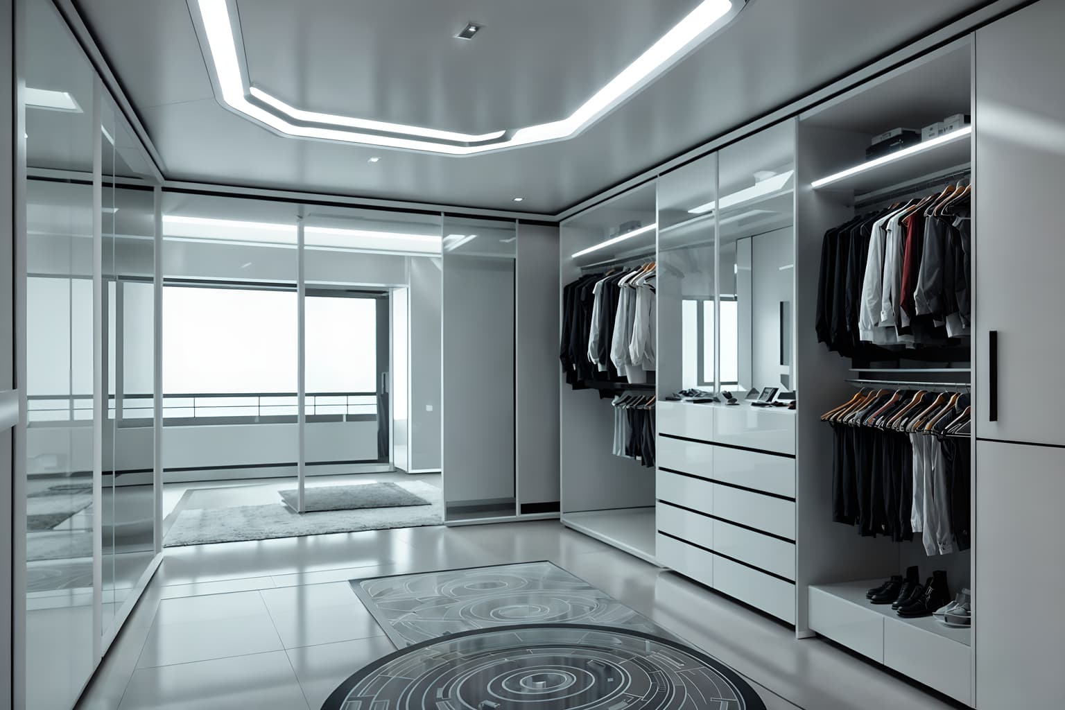 futuristic-style (walk in closet interior) . with circular shapes and spaceship interior and minimalist clean lines and glass panes and strong geometric walls and smooth marble and futuristic interior and floating surfaces. . cinematic photo, highly detailed, cinematic lighting, ultra-detailed, ultrarealistic, photorealism, 8k. futuristic interior design style. masterpiece, cinematic light, ultrarealistic+, photorealistic+, 8k, raw photo, realistic, sharp focus on eyes, (symmetrical eyes), (intact eyes), hyperrealistic, highest quality, best quality, , highly detailed, masterpiece, best quality, extremely detailed 8k wallpaper, masterpiece, best quality, ultra-detailed, best shadow, detailed background, detailed face, detailed eyes, high contrast, best illumination, detailed face, dulux, caustic, dynamic angle, detailed glow. dramatic lighting. highly detailed, insanely detailed hair, symmetrical, intricate details, professionally retouched, 8k high definition. strong bokeh. award winning photo.