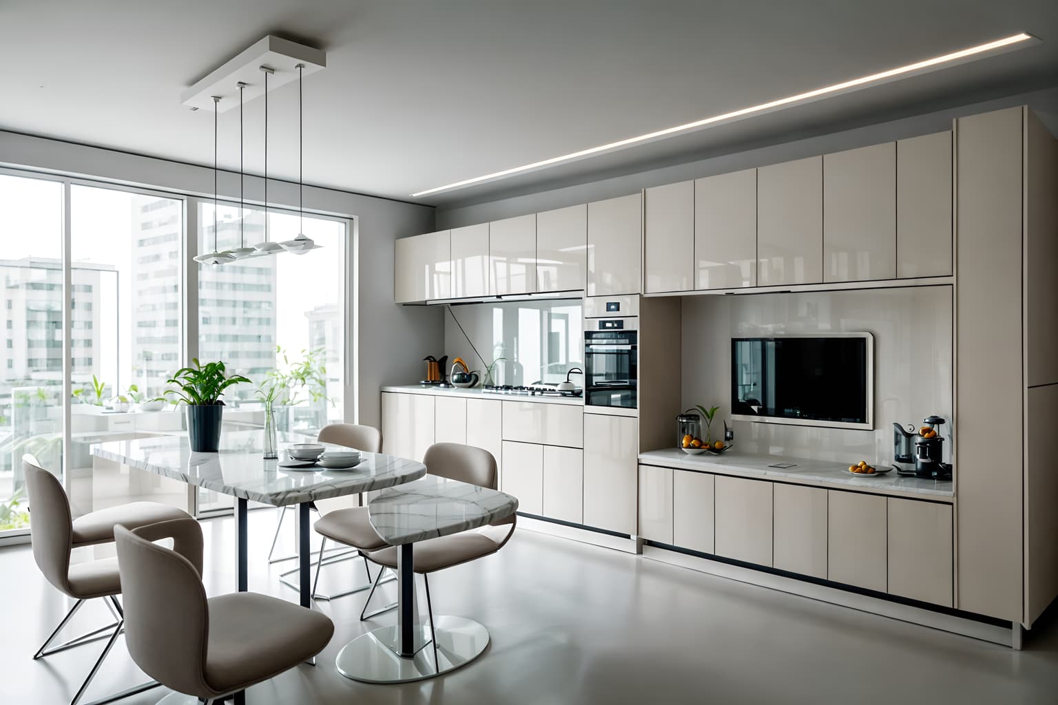 futuristic-style (kitchen living combo interior) with stove and plant and chairs and electric lamps and worktops and televisions and kitchen cabinets and bookshelves. . with futurism minimalist interior and light colors and minimalist clean lines and smooth marble and neutral background and bright accents and floating surfaces and strong geometric walls and monochromatic palette. . cinematic photo, highly detailed, cinematic lighting, ultra-detailed, ultrarealistic, photorealism, 8k. futuristic interior design style. masterpiece, cinematic light, ultrarealistic+, photorealistic+, 8k, raw photo, realistic, sharp focus on eyes, (symmetrical eyes), (intact eyes), hyperrealistic, highest quality, best quality, , highly detailed, masterpiece, best quality, extremely detailed 8k wallpaper, masterpiece, best quality, ultra-detailed, best shadow, detailed background, detailed face, detailed eyes, high contrast, best illumination, detailed face, dulux, caustic, dynamic angle, detailed glow. dramatic lighting. highly detailed, insanely detailed hair, symmetrical, intricate details, professionally retouched, 8k high definition. strong bokeh. award winning photo.