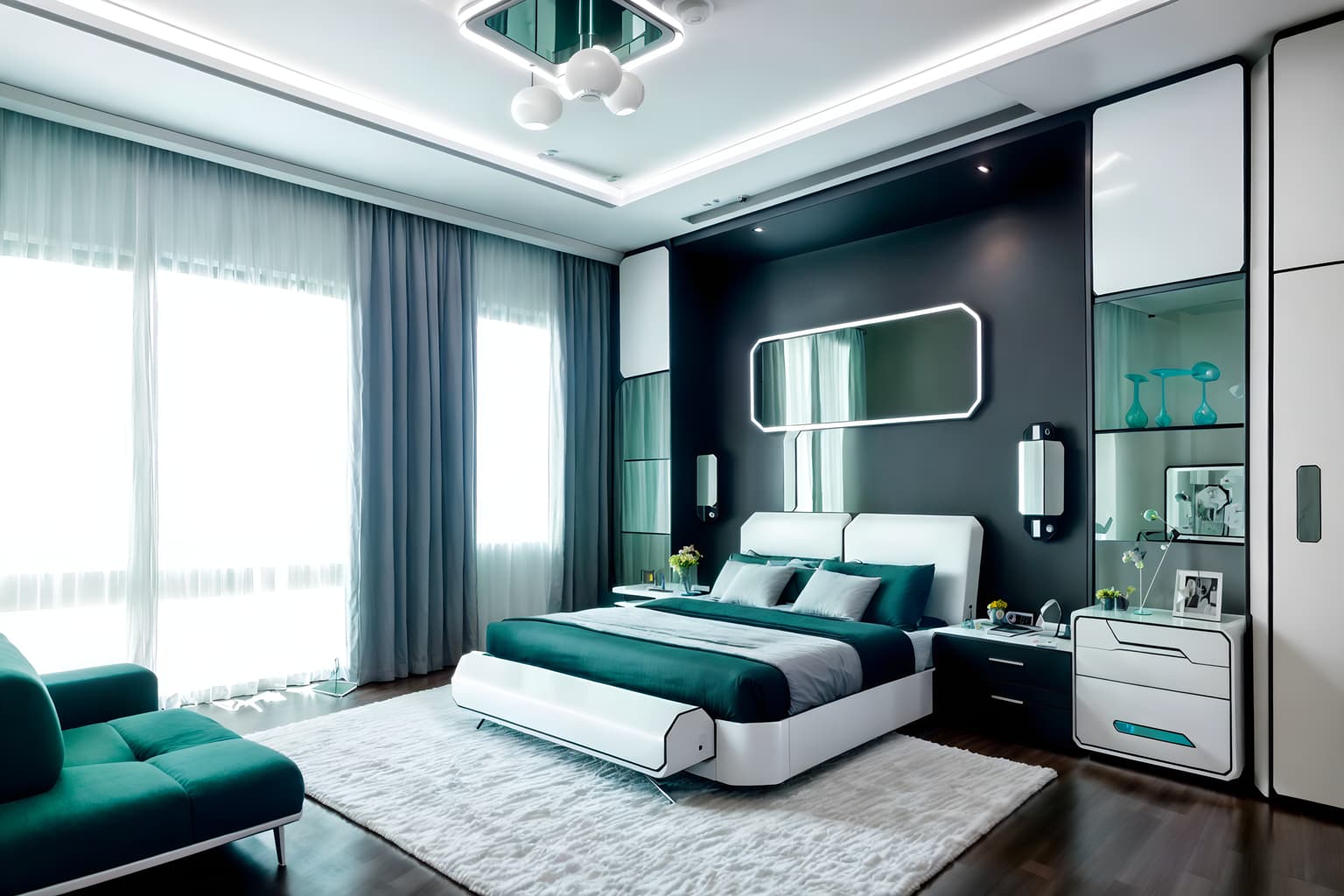 futuristic-style (kids room interior) with mirror and headboard and bed and kids desk and accent chair and bedside table or night stand and storage bench or ottoman and dresser closet. . with glass panes and futurism minimalist interior and strong geometric walls and futuristic interior and light colors and circular shapes and spaceship interior and minimalist clean lines. . cinematic photo, highly detailed, cinematic lighting, ultra-detailed, ultrarealistic, photorealism, 8k. futuristic interior design style. masterpiece, cinematic light, ultrarealistic+, photorealistic+, 8k, raw photo, realistic, sharp focus on eyes, (symmetrical eyes), (intact eyes), hyperrealistic, highest quality, best quality, , highly detailed, masterpiece, best quality, extremely detailed 8k wallpaper, masterpiece, best quality, ultra-detailed, best shadow, detailed background, detailed face, detailed eyes, high contrast, best illumination, detailed face, dulux, caustic, dynamic angle, detailed glow. dramatic lighting. highly detailed, insanely detailed hair, symmetrical, intricate details, professionally retouched, 8k high definition. strong bokeh. award winning photo.
