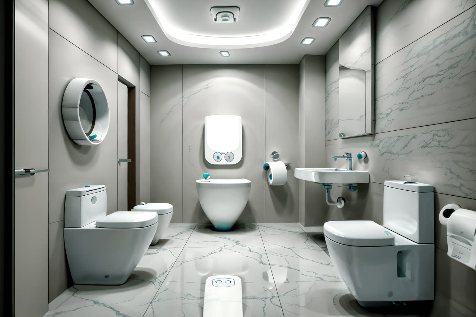 futuristic-style (toilet interior) with toilet paper hanger and sink with tap and toilet with toilet seat up and toilet paper hanger. . with smooth marble and circular shapes and spaceship interior and floating surfaces and light colors and futuristic interior and neutral background and bright accents and minimalist clean lines. . cinematic photo, highly detailed, cinematic lighting, ultra-detailed, ultrarealistic, photorealism, 8k. futuristic interior design style. masterpiece, cinematic light, ultrarealistic+, photorealistic+, 8k, raw photo, realistic, sharp focus on eyes, (symmetrical eyes), (intact eyes), hyperrealistic, highest quality, best quality, , highly detailed, masterpiece, best quality, extremely detailed 8k wallpaper, masterpiece, best quality, ultra-detailed, best shadow, detailed background, detailed face, detailed eyes, high contrast, best illumination, detailed face, dulux, caustic, dynamic angle, detailed glow. dramatic lighting. highly detailed, insanely detailed hair, symmetrical, intricate details, professionally retouched, 8k high definition. strong bokeh. award winning photo.