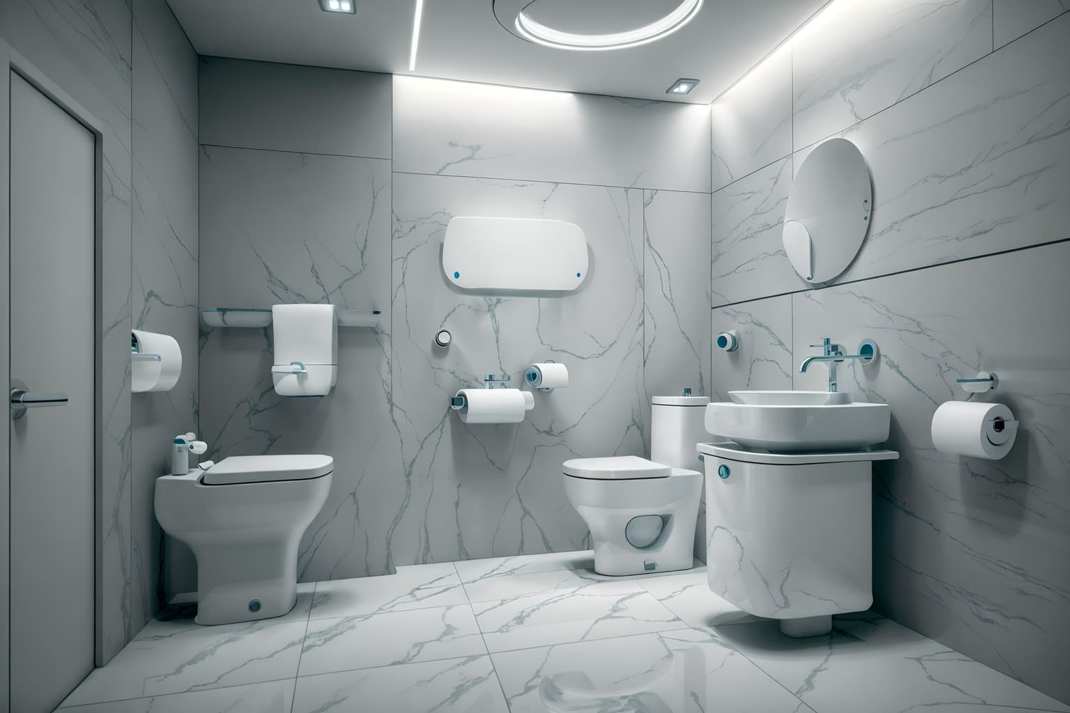 futuristic-style (toilet interior) with toilet paper hanger and sink with tap and toilet with toilet seat up and toilet paper hanger. . with smooth marble and circular shapes and spaceship interior and floating surfaces and light colors and futuristic interior and neutral background and bright accents and minimalist clean lines. . cinematic photo, highly detailed, cinematic lighting, ultra-detailed, ultrarealistic, photorealism, 8k. futuristic interior design style. masterpiece, cinematic light, ultrarealistic+, photorealistic+, 8k, raw photo, realistic, sharp focus on eyes, (symmetrical eyes), (intact eyes), hyperrealistic, highest quality, best quality, , highly detailed, masterpiece, best quality, extremely detailed 8k wallpaper, masterpiece, best quality, ultra-detailed, best shadow, detailed background, detailed face, detailed eyes, high contrast, best illumination, detailed face, dulux, caustic, dynamic angle, detailed glow. dramatic lighting. highly detailed, insanely detailed hair, symmetrical, intricate details, professionally retouched, 8k high definition. strong bokeh. award winning photo.
